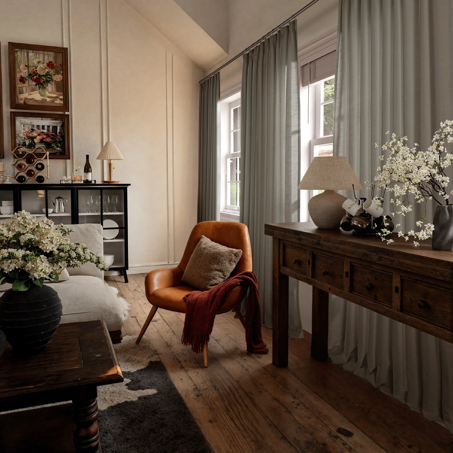 Cozy living room with taupe curtains, wooden furniture, a brown armchair, and decorative elements.