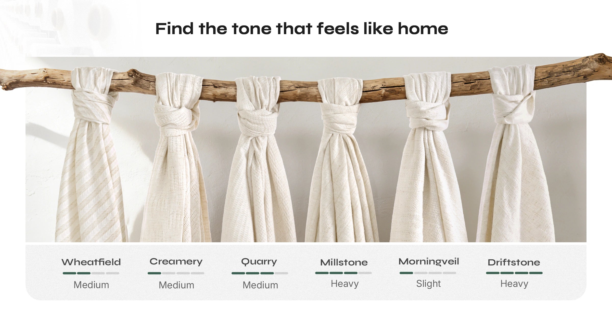 Six natural-tone linen curtain options showcasing subtle variations in color, weight, and texture for different home styles.