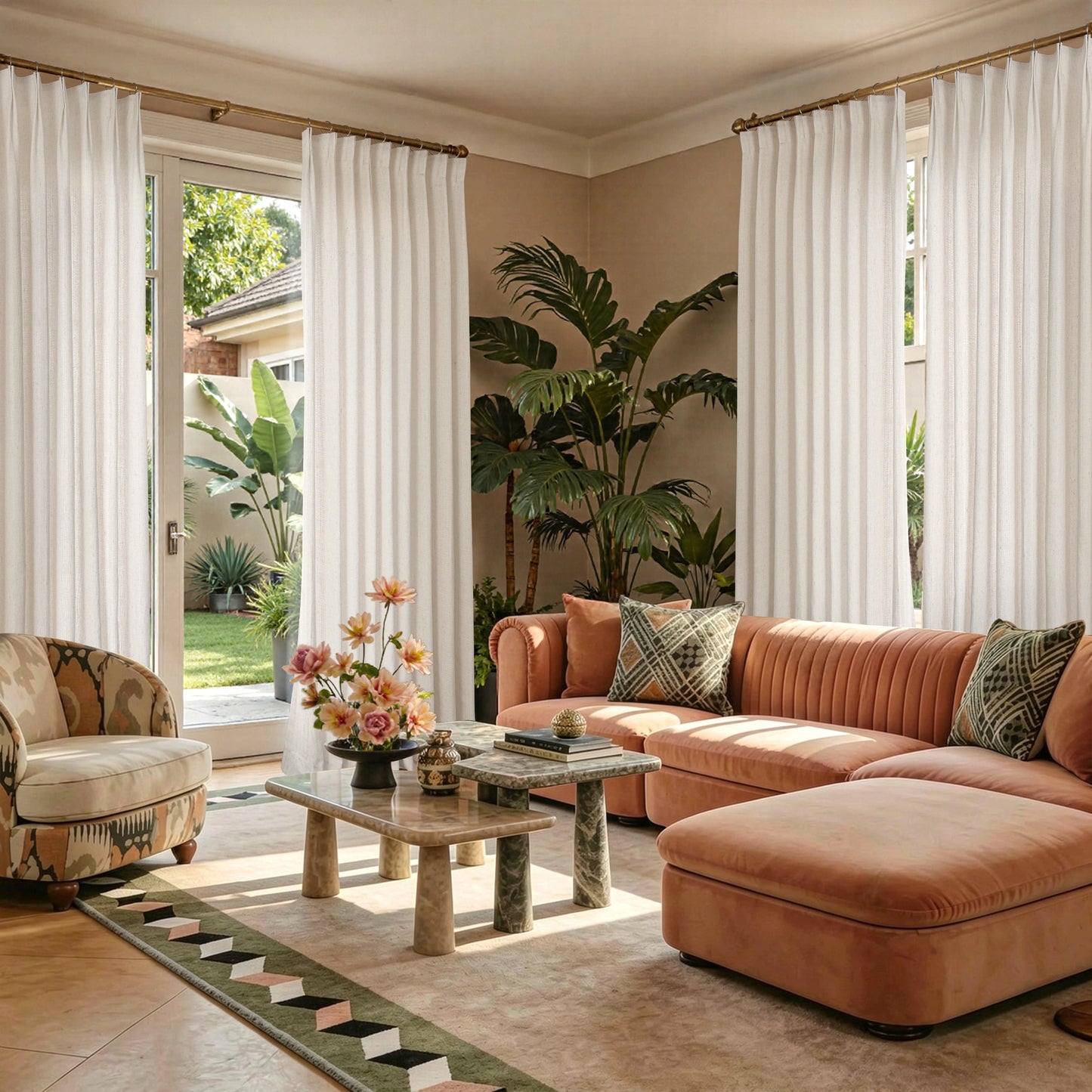 Beige linen curtains in a bright living room with soft natural light and airy ambiance