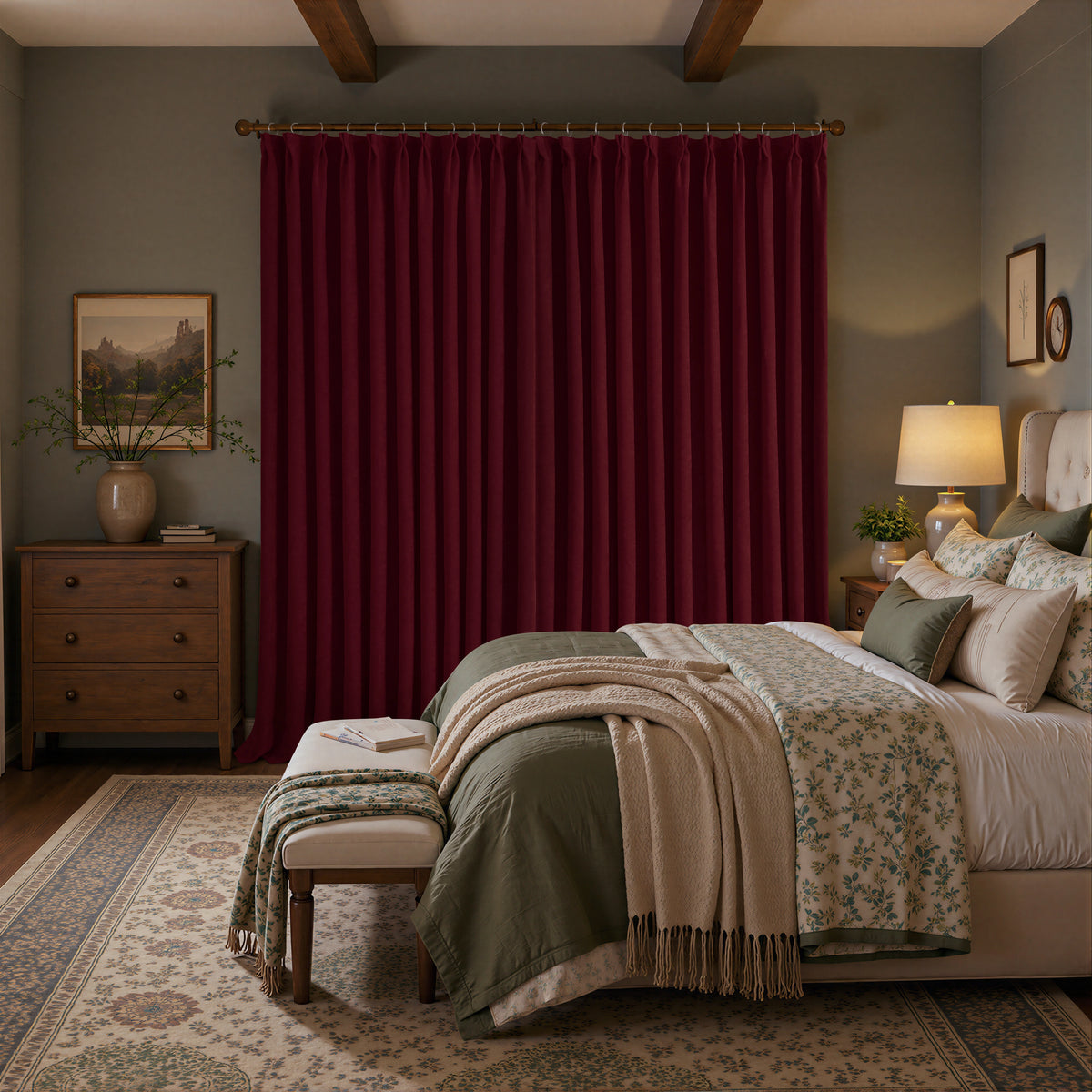 A bedroom scene with a large deep burgundy curtain panel hanging on a rod, styled with a bed, nightstands, lamp, dresser, rug, and wood ceiling beams.