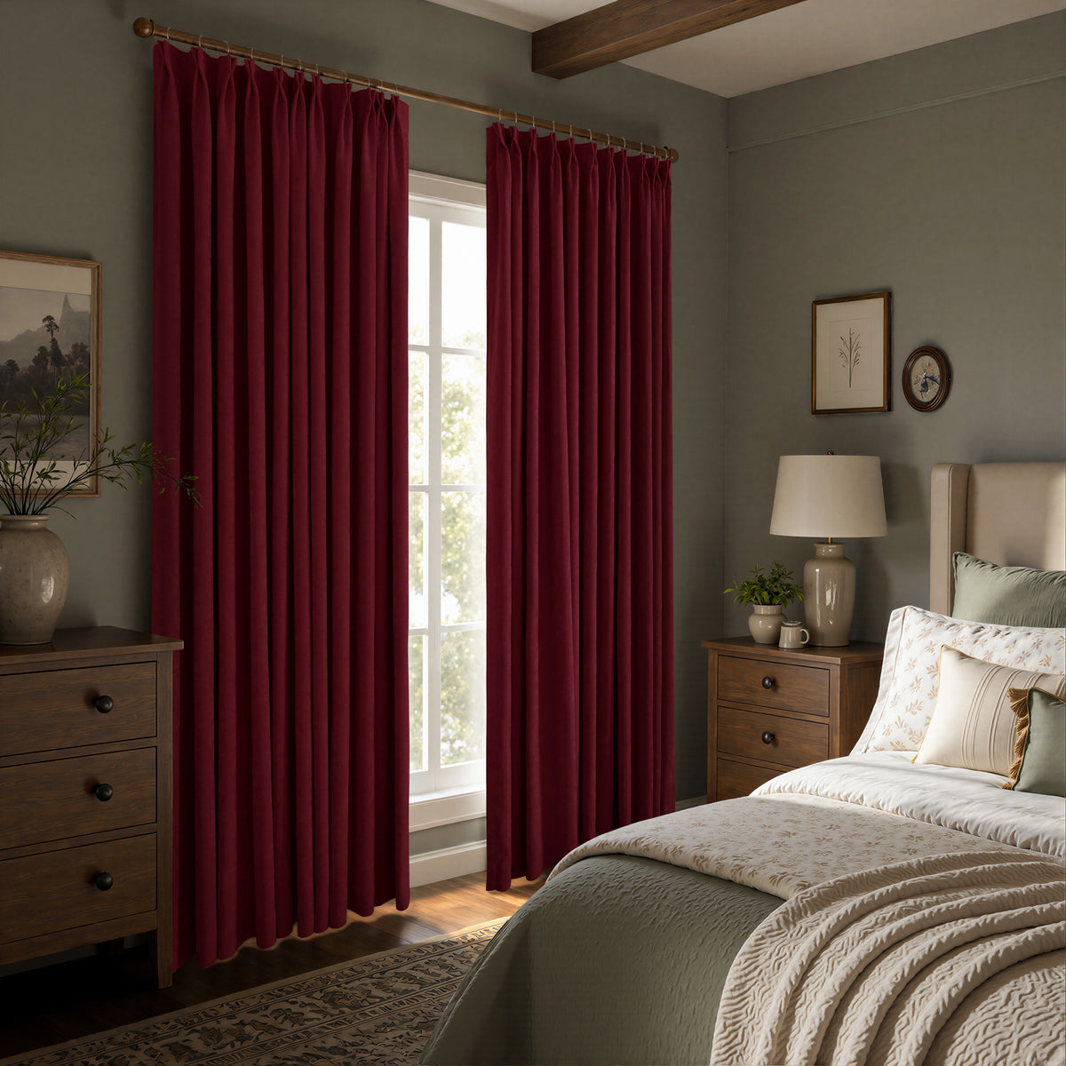Deep burgundy curtain panels hanging on a gold rod in a styled bedroom with gray walls, wooden nightstands, and a bed.