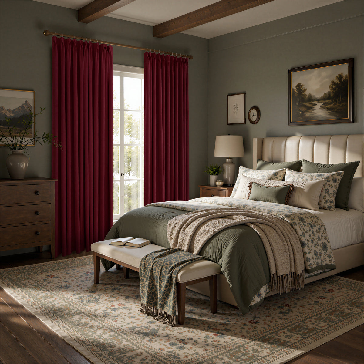 A styled bedroom interior featuring deep burgundy curtains hanging on either side of a tall window, with a bed, patterned pillows, rug, and wooden ceiling beams visible.
