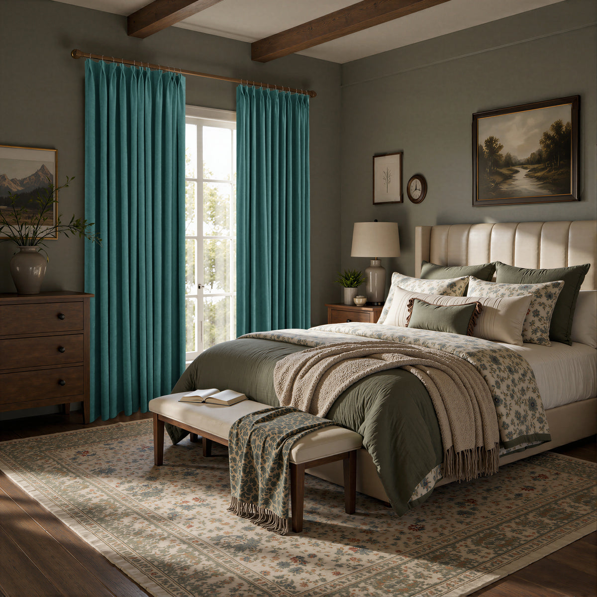 A styled bedroom interior featuring a bed dressed in neutral-toned bedding, teal curtains by the window, a patterned area rug, and warm wood ceiling beams.