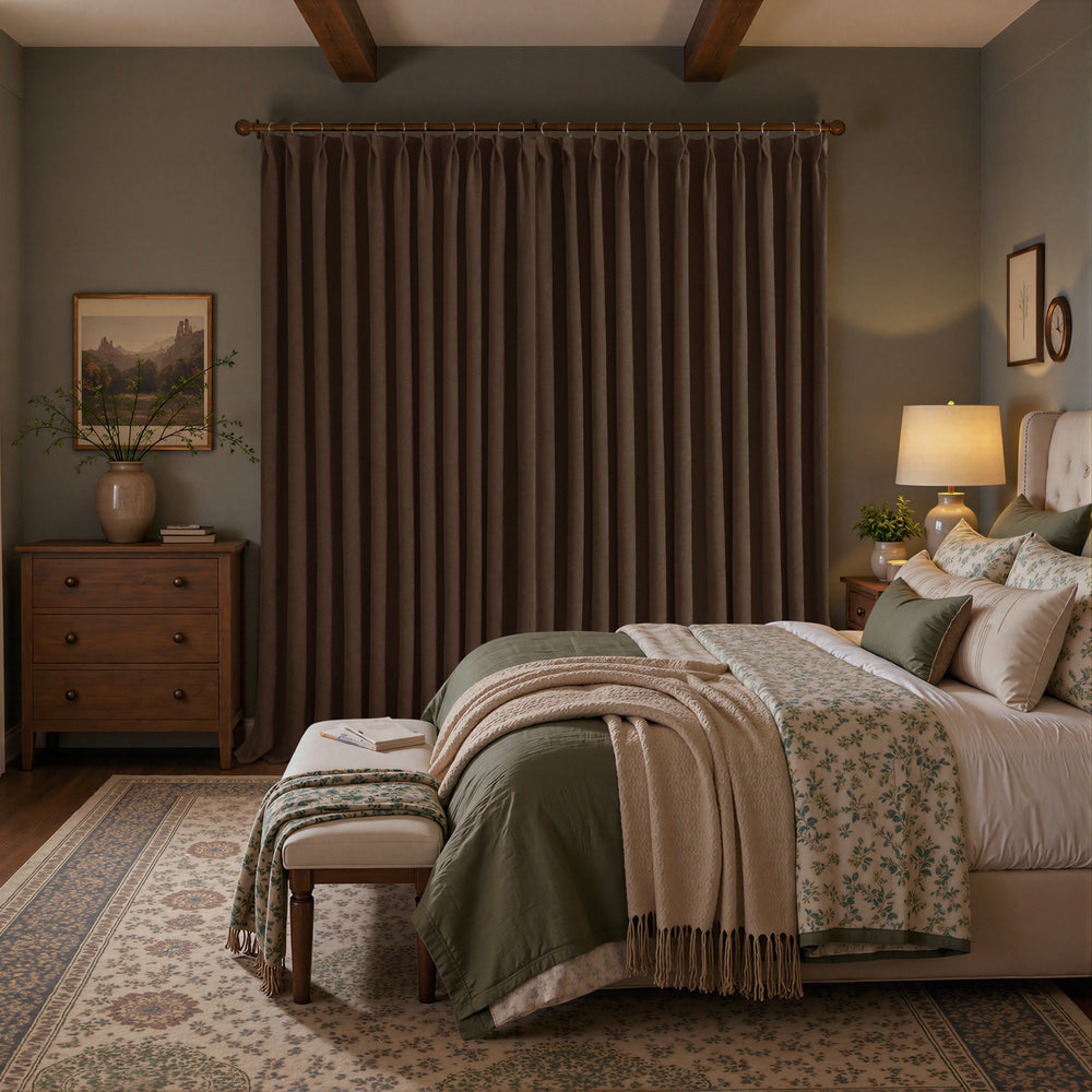 A styled bedroom interior featuring a pair of long brown curtains hanging on a rod, with a bed, nightstand, lamp, rug, and wooden ceiling beams visible in the room.