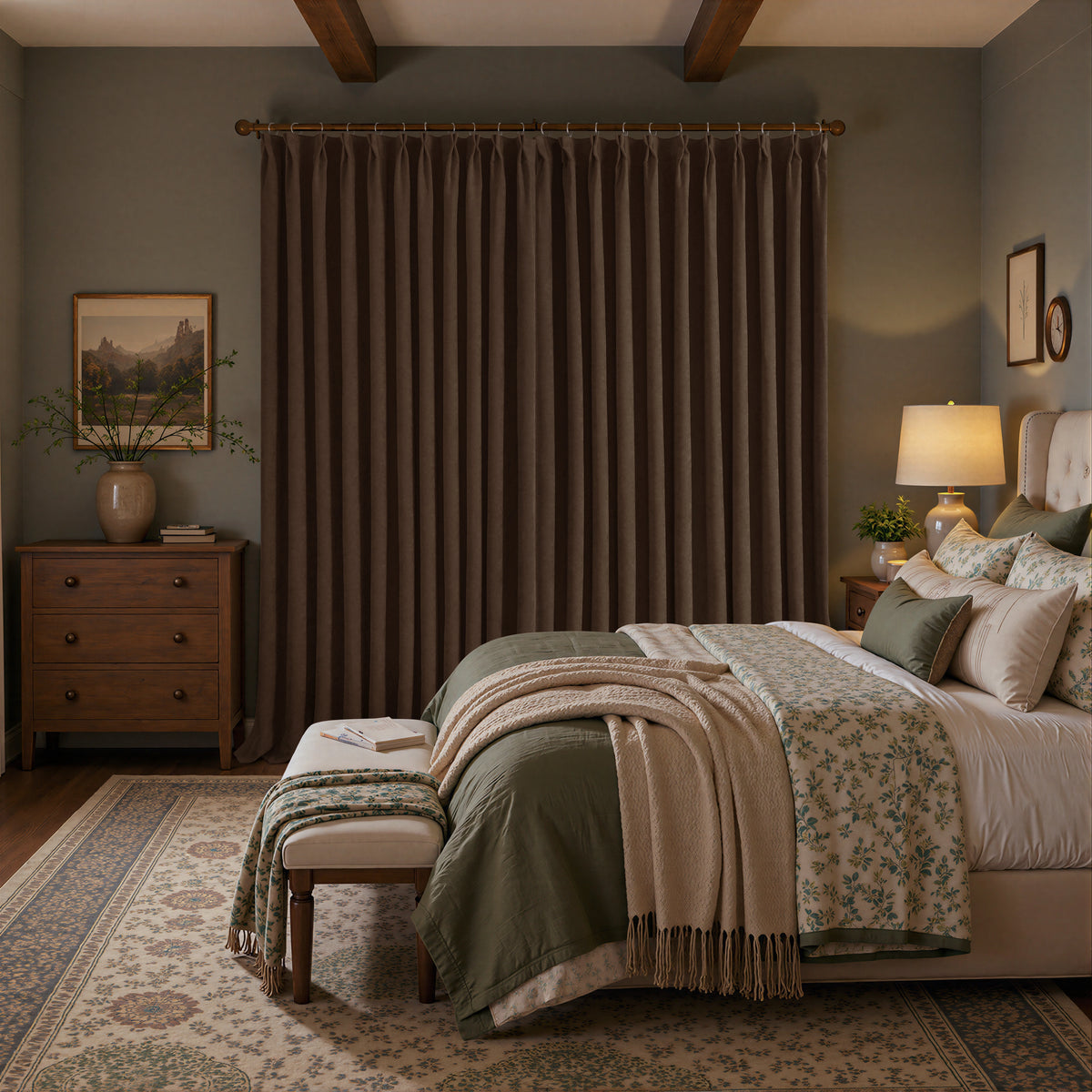 A styled bedroom interior featuring a pair of long brown curtains hanging on a rod, with a bed, nightstand, lamp, rug, and wooden ceiling beams visible in the room.