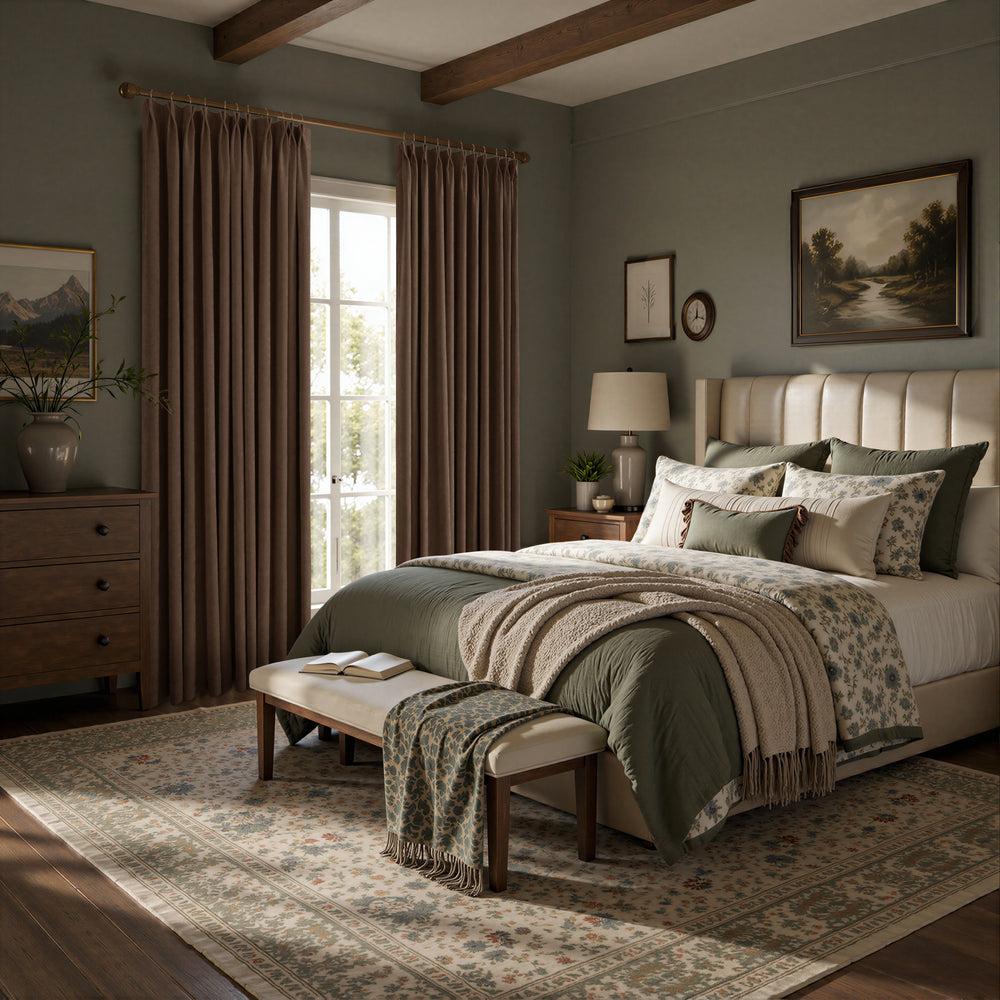 A styled bedroom interior featuring floor-length brown curtains hanging on either side of a tall window, with a bed, patterned pillows, rug, and wooden ceiling beams visible.