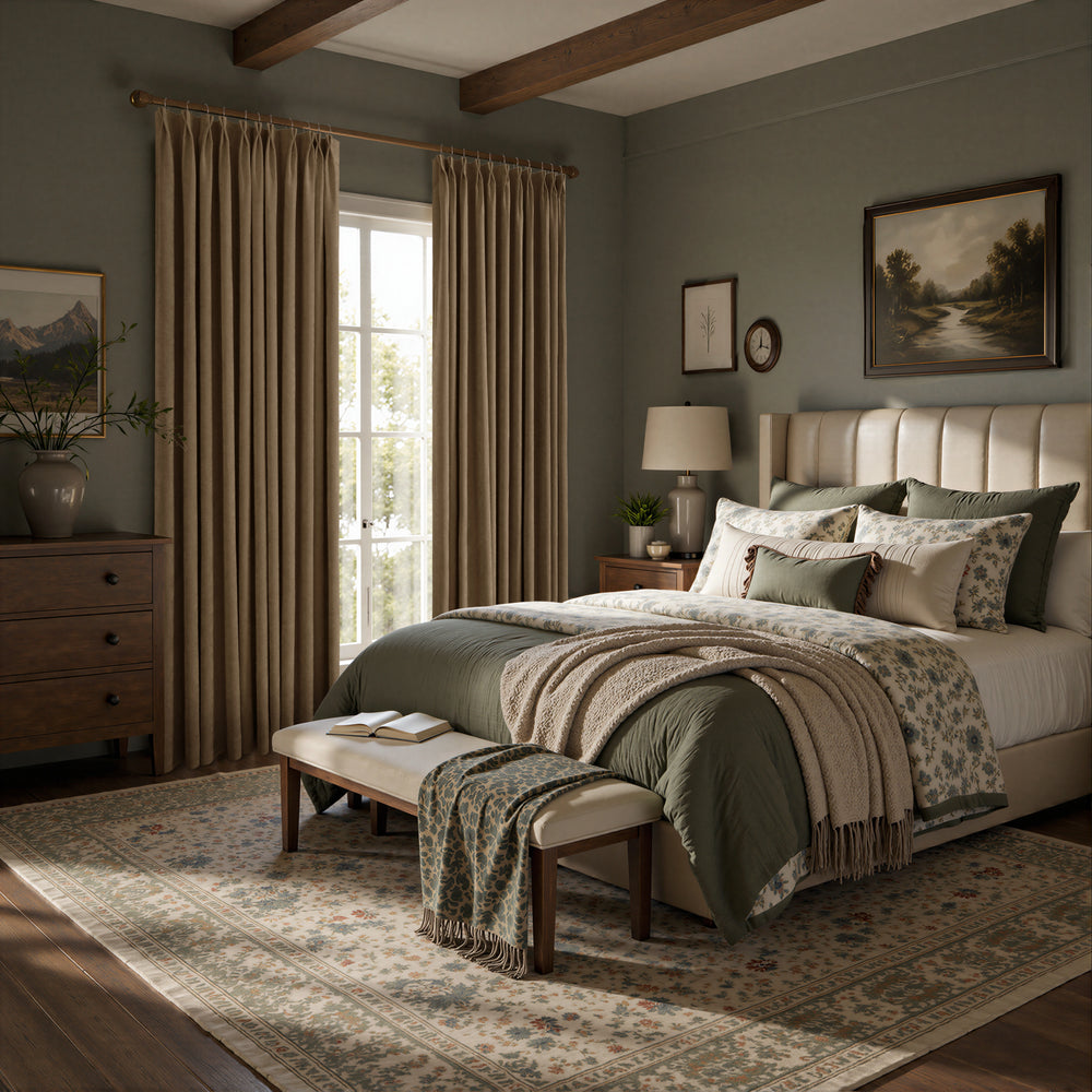 A styled bedroom interior featuring floor-length taupe curtains hanging on a window, with a bed dressed in green and beige textiles, a bench at the foot, and wood ceiling beams overhead.