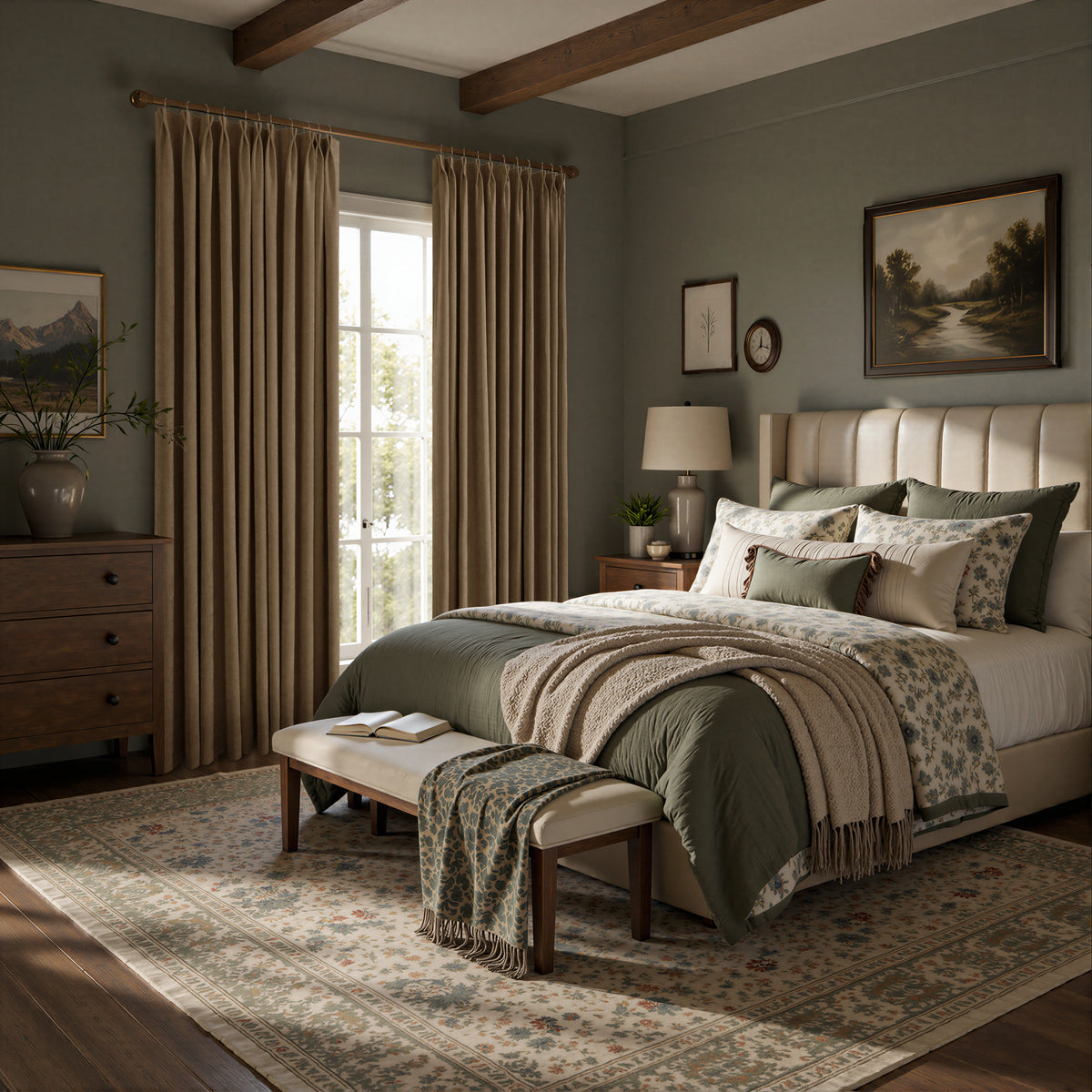A styled bedroom interior featuring floor-length taupe curtains hanging on a window, with a bed dressed in green and beige textiles, a bench at the foot, and wood ceiling beams overhead.