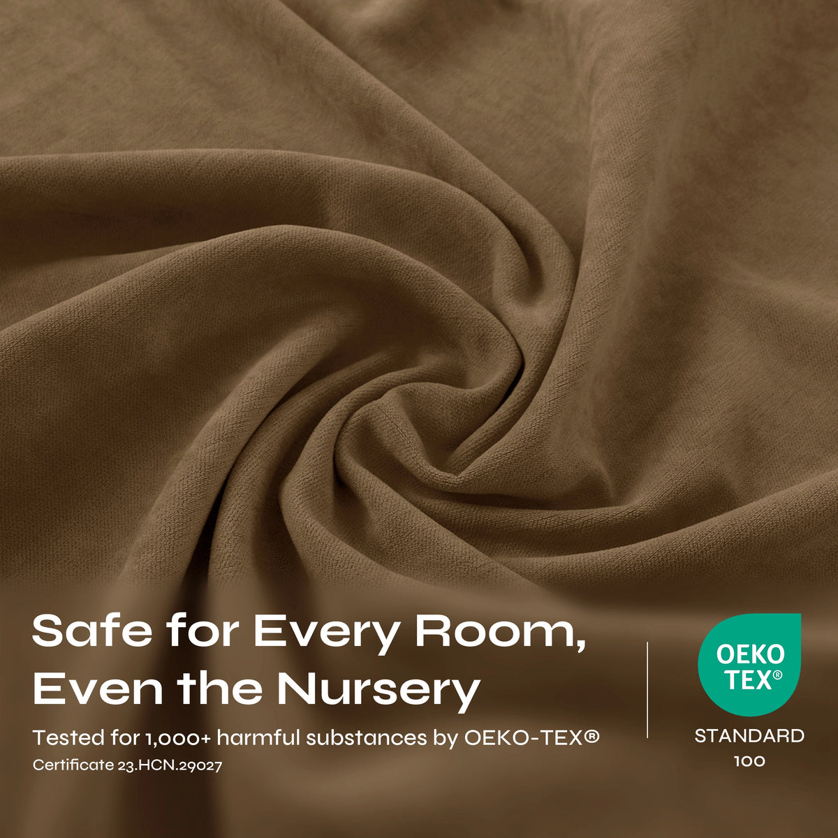 A close-up of draped taupe brown fabric with a soft, textured weave and gentle folds.