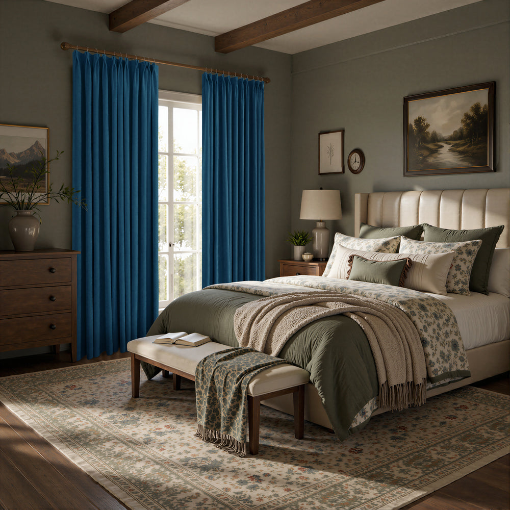A styled bedroom interior featuring a pair of floor-length blue curtains hanging on a rod over a tall window, with a bed, pillows, rug, dresser, and wooden ceiling beams visible.