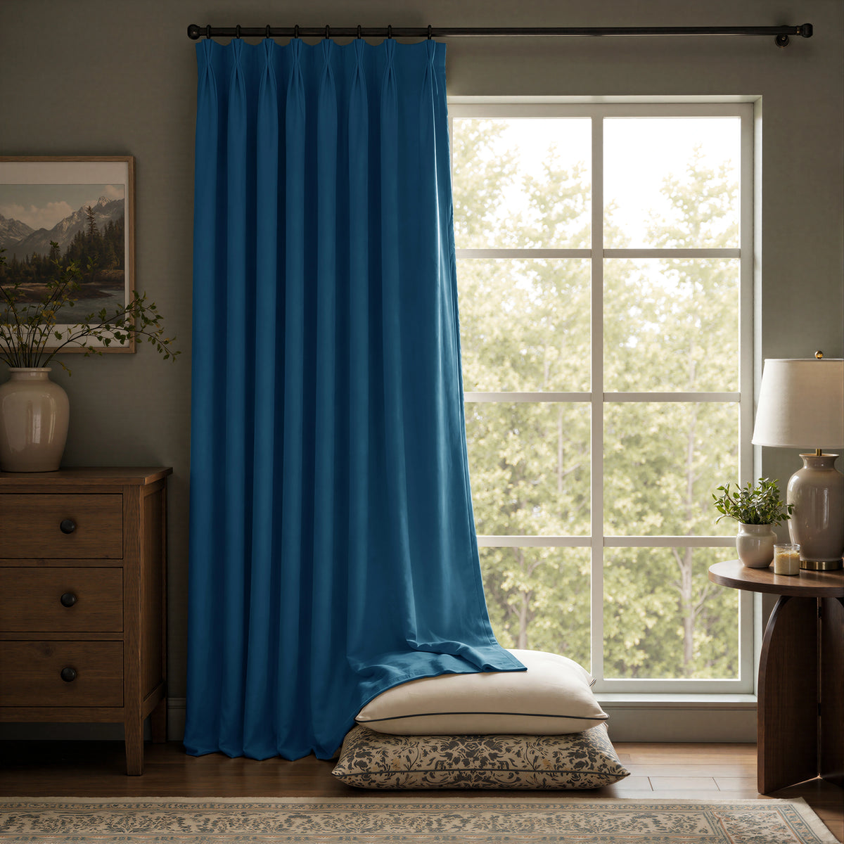 A pair of long, vibrant blue curtain panels hanging on a dark metal rod in a styled room with a window, wooden furniture, and a lamp.