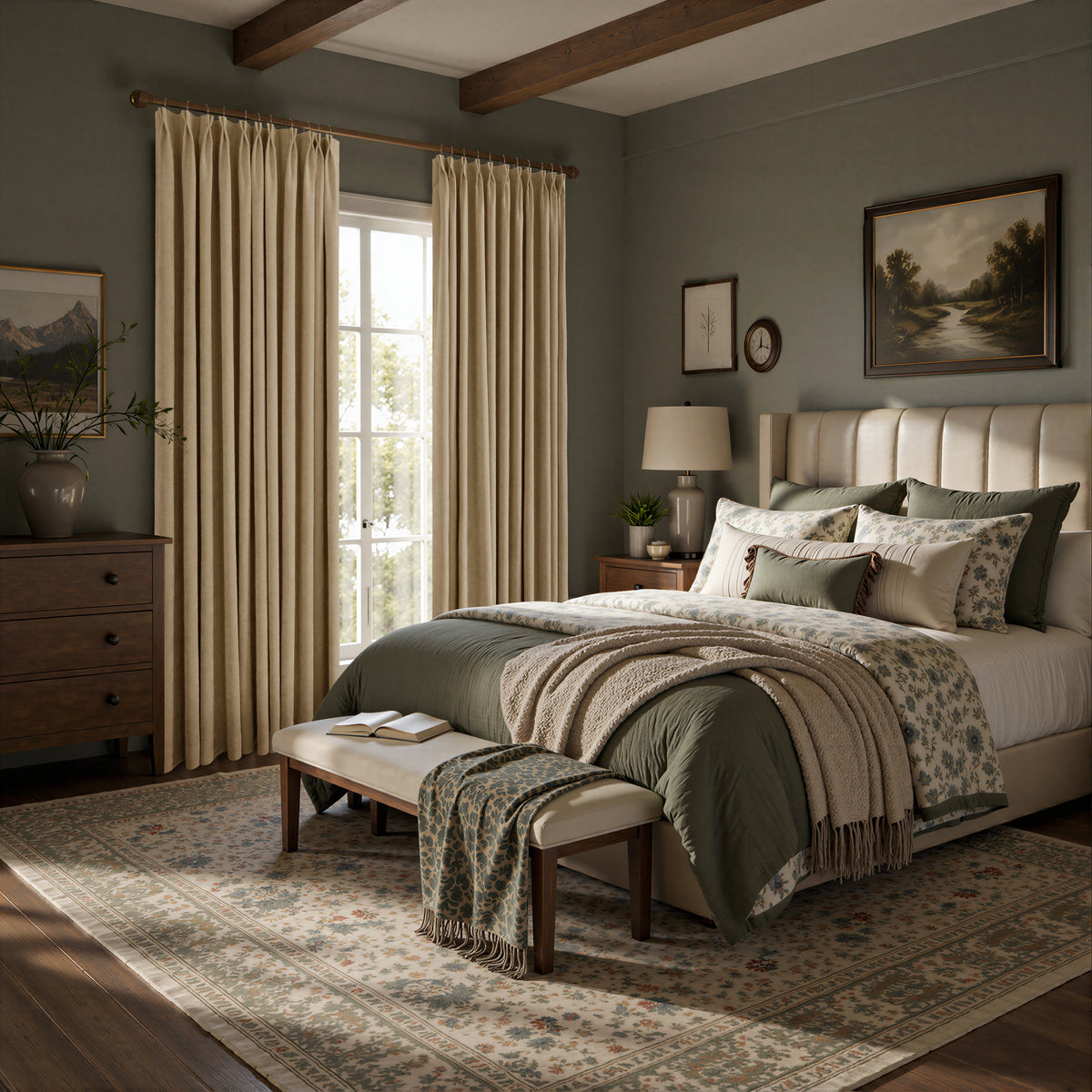 A styled bedroom interior featuring a bed dressed in sage green and cream bedding, flanked by tall beige curtains, with a wooden dresser, nightstand, rug, and framed wall art in a warm neutral setting.