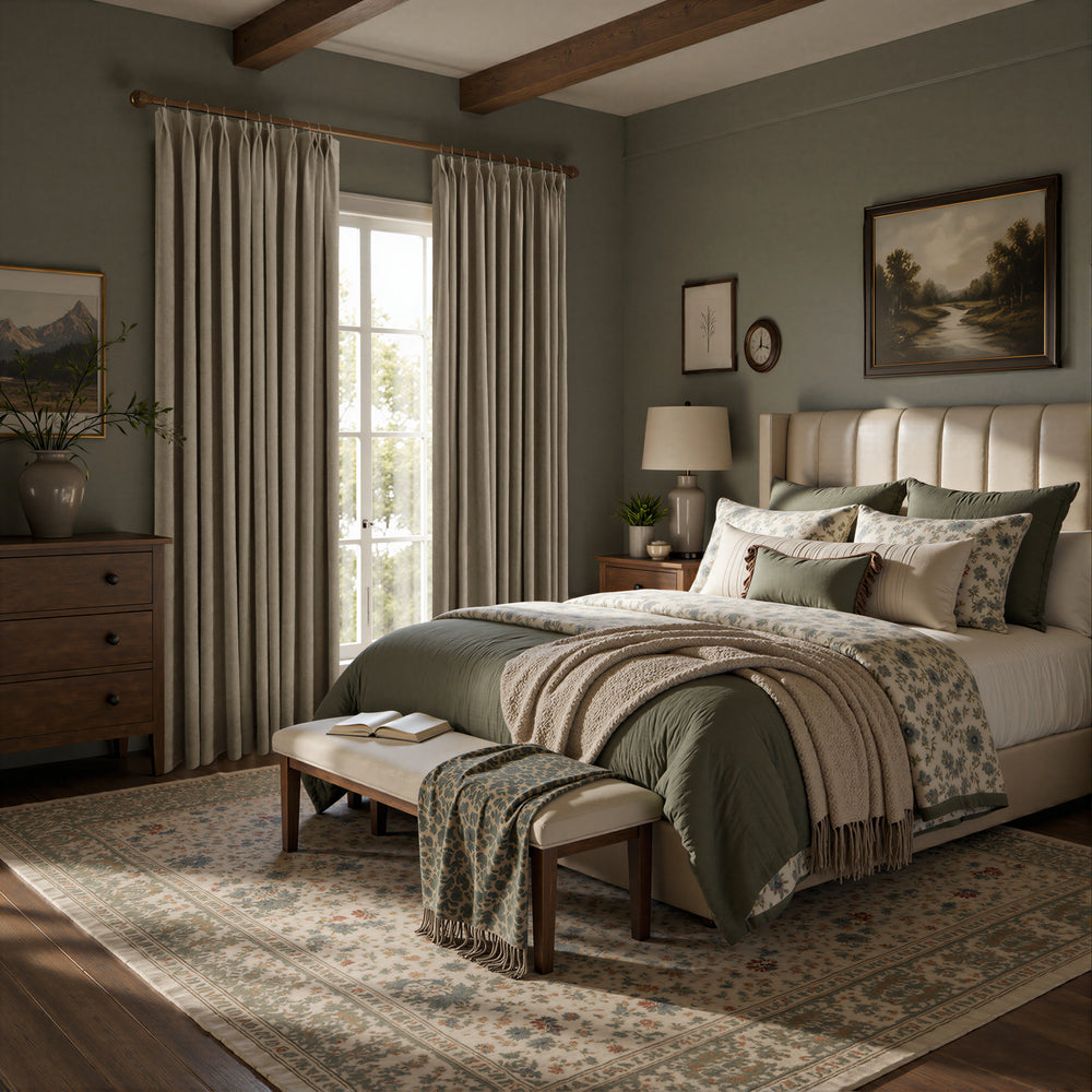 A styled bedroom interior with a bed dressed in sage green, cream, and floral bedding, flanked by long taupe curtains, a wooden dresser, and a patterned area rug. The room has warm wood ceiling beams and a soft natural light coming from the window.