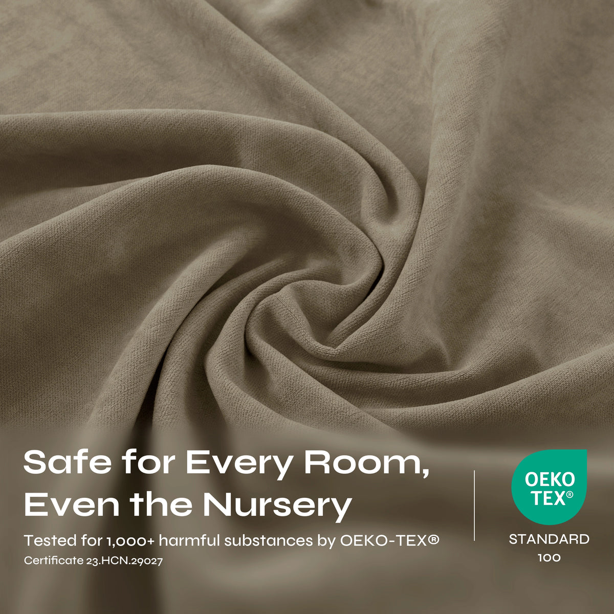 A close-up of draped textured fabric in a warm taupe-beige color, showing the woven material and soft folds.