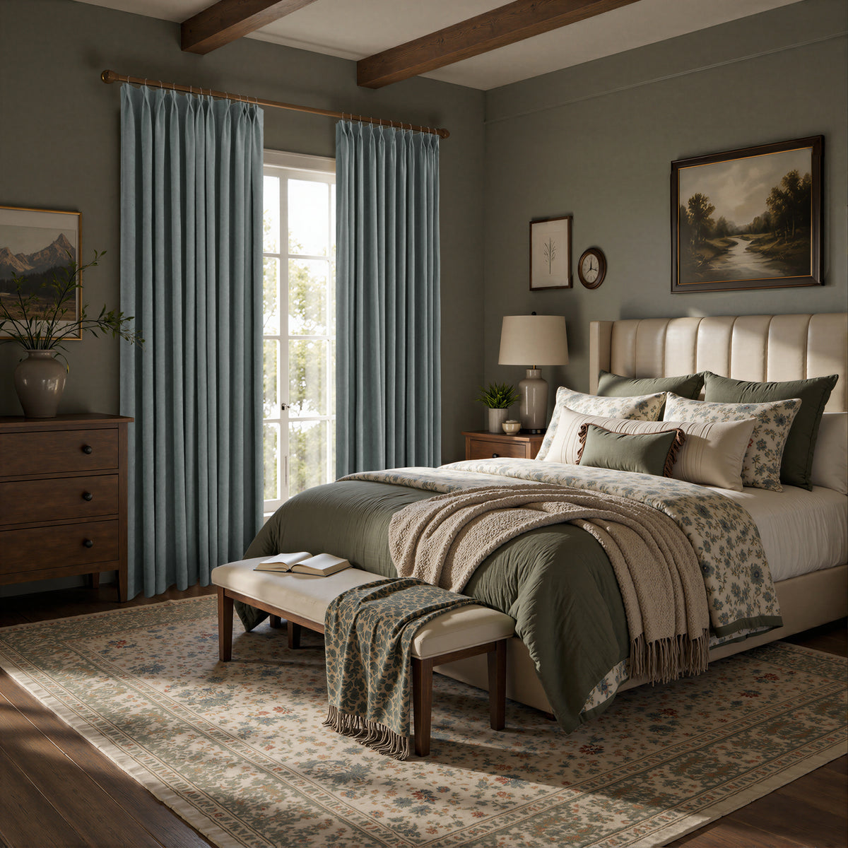 A styled bedroom interior featuring a bed dressed in sage green and cream bedding, flanked by tall blue-gray curtains, with a bench at the foot of the bed and wood ceiling beams overhead.