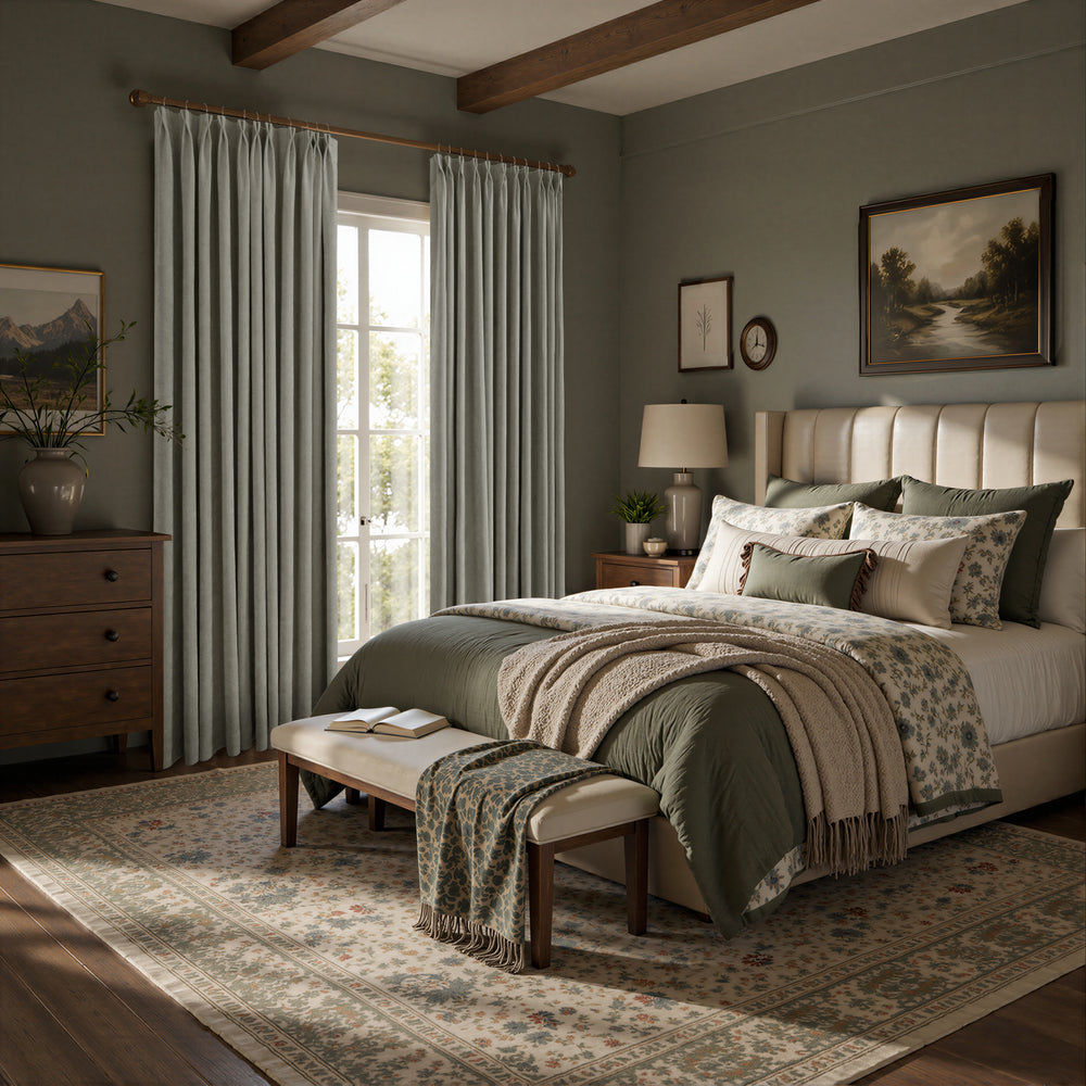 A styled bedroom interior with tall floor-length curtains in a muted stone gray, a cream tufted bed headboard, layered green and beige bedding, a patterned area rug, and exposed wood ceiling beams.