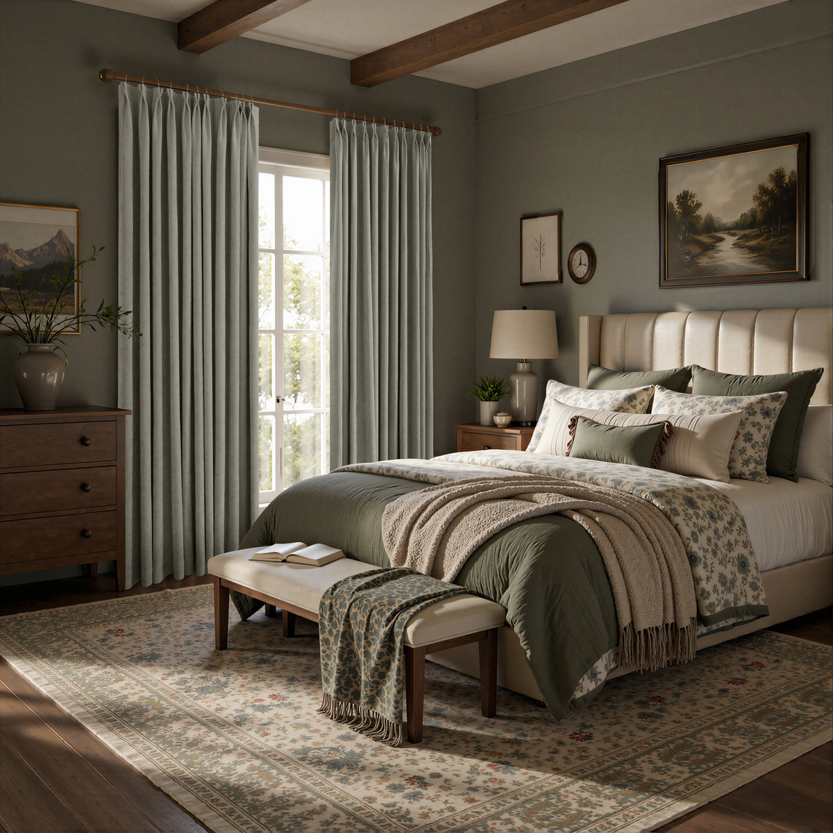 A styled bedroom interior with tall floor-length curtains in a muted stone gray, a cream tufted bed headboard, layered green and beige bedding, a patterned area rug, and exposed wood ceiling beams.