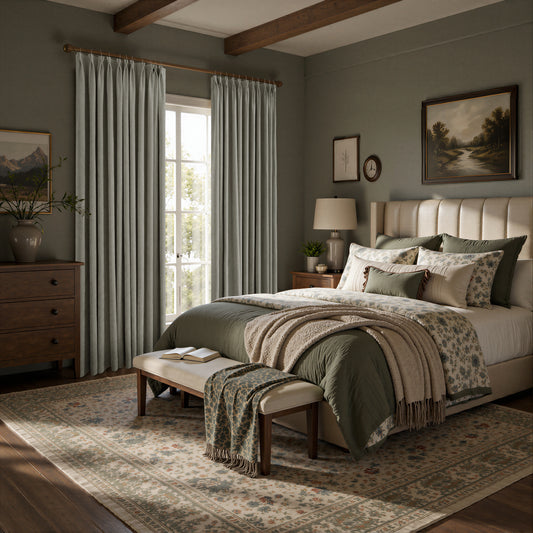 A styled bedroom interior with tall floor-length curtains in a muted stone gray, a cream tufted bed headboard, layered green and beige bedding, a patterned area rug, and exposed wood ceiling beams.