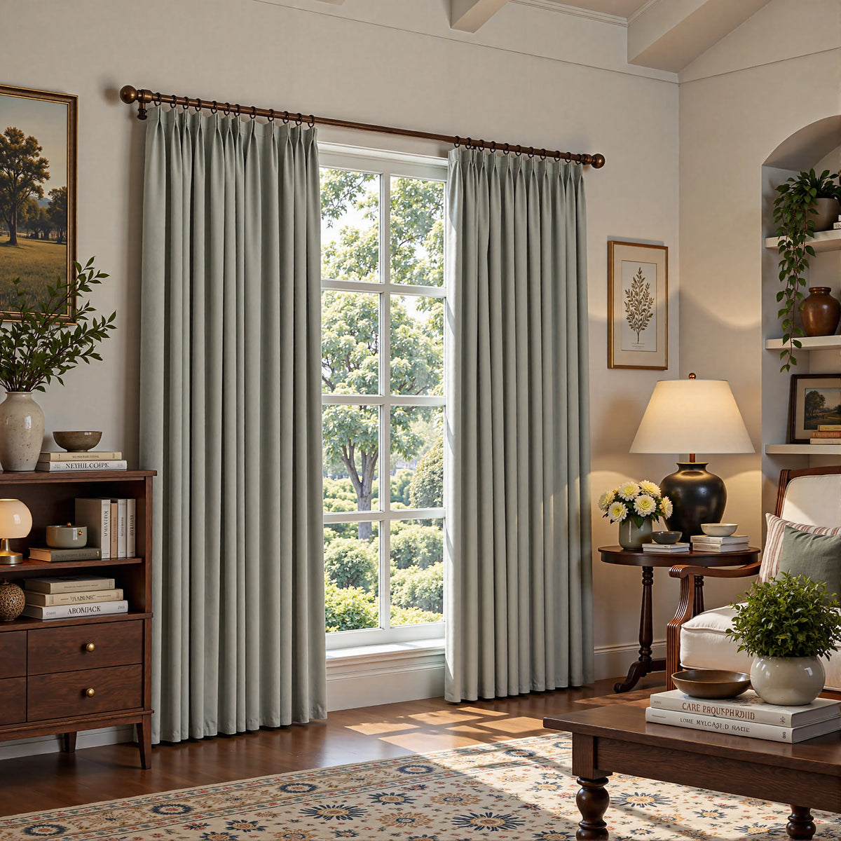 A pair of sage green pleated window curtains hanging on a dark wood rod in a beautifully styled living room with hardwood floors, a wooden bookcase, and a side table with a lamp.