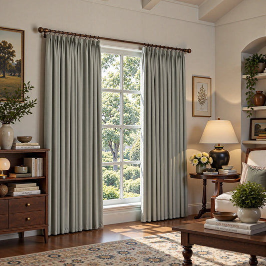A pair of sage green pleated window curtains hanging on a dark wood rod in a beautifully styled living room with hardwood floors, a wooden bookcase, and a side table with a lamp.