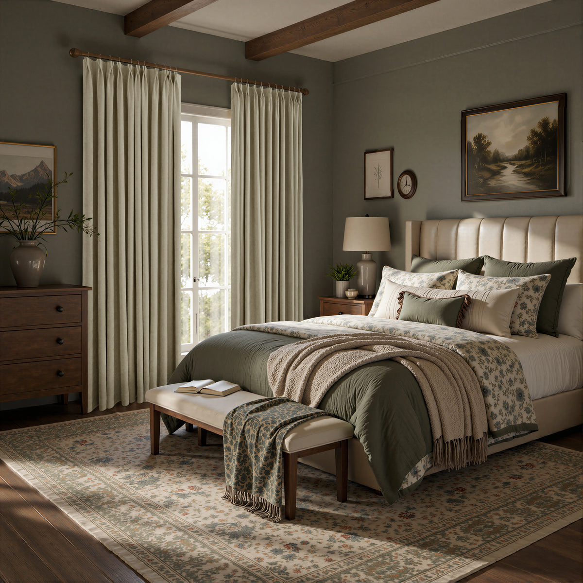 A styled bedroom interior featuring a bed dressed in sage green and cream bedding, with matching pleated curtains hanging by a window. The room has dark wood ceiling beams, a patterned area rug, a bench at the foot of the bed, and framed landscape art on the walls.