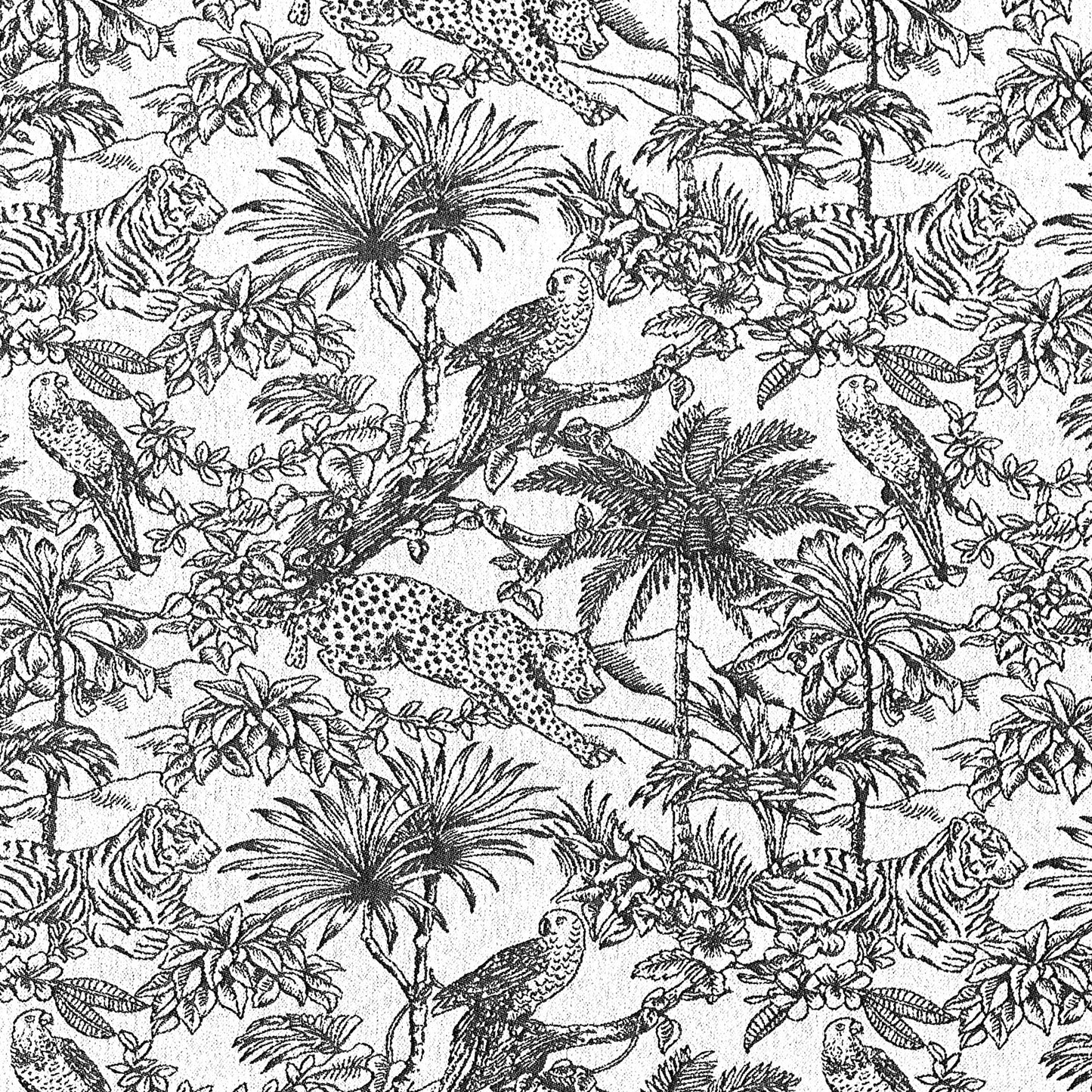 Jungle scene with animals and foliage in black and white pattern