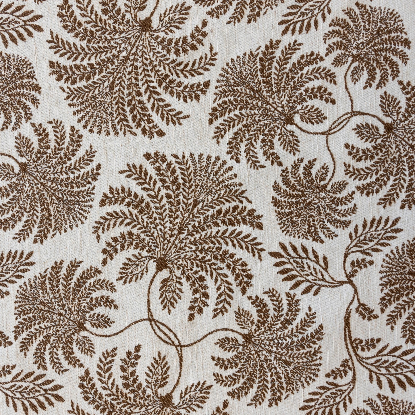 Detailed view of espresso fern textile, boho curtain fabric adding refined botanical charm and decorative character.