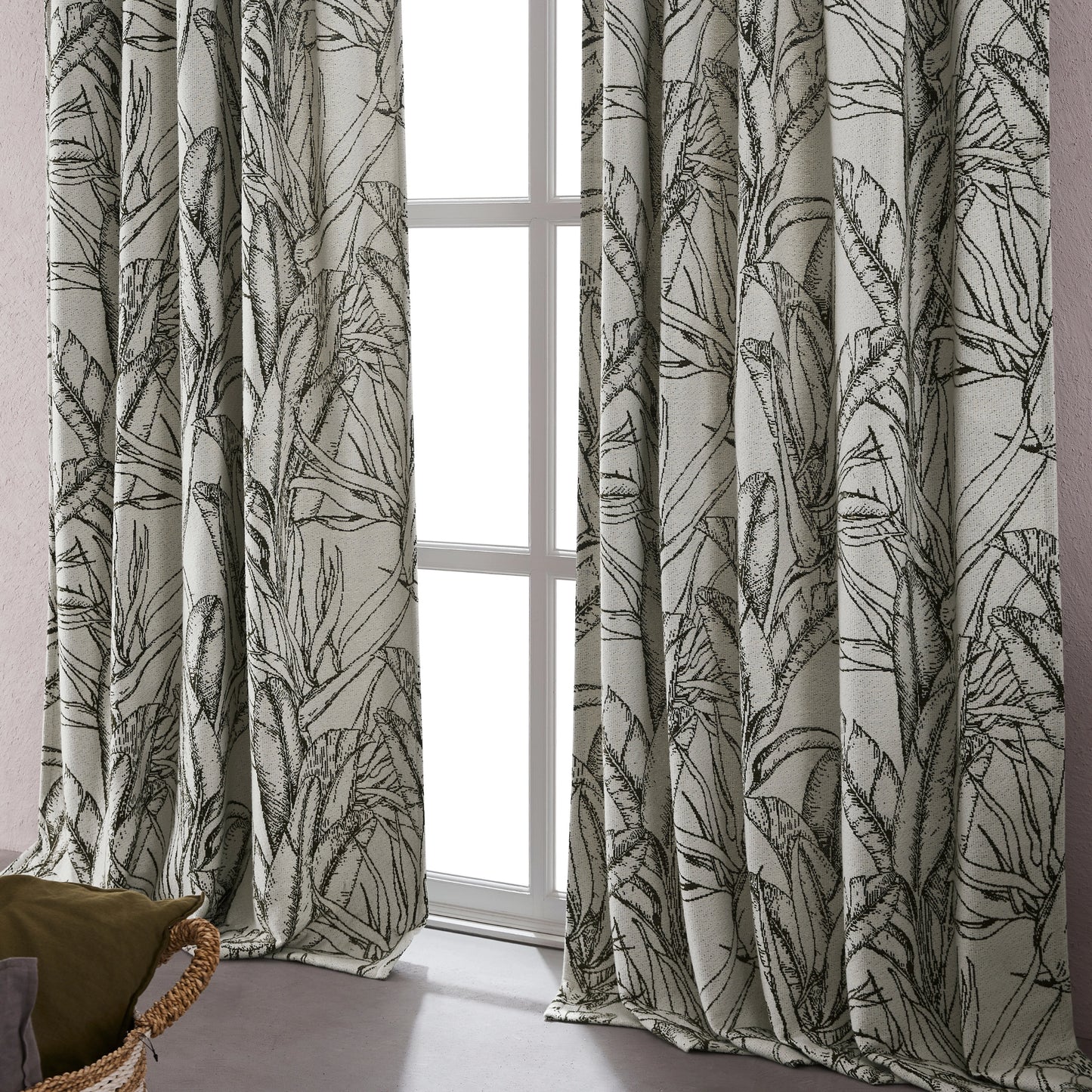 Floor-length boho green line-art plant curtains with soft folds, adding organic detail and a stylish interior vibe.