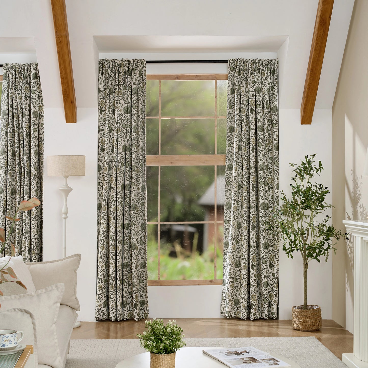 Elowen Olive Mocha Botanical Weave Floral Curtains