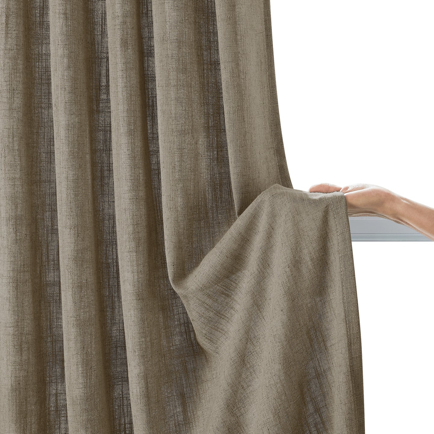 Soft camel linen-polyester fabric window panel held by hand on a neutral background.