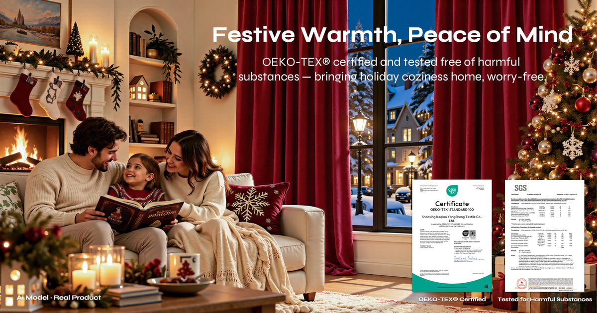 A cozy holiday living room scene with a family reading on a couch by a fireplace, red curtains, a decorated Christmas tree, and large text reading 'Festive Warmth, Peace of Mind.' Two certification document graphics appear at the lower right.