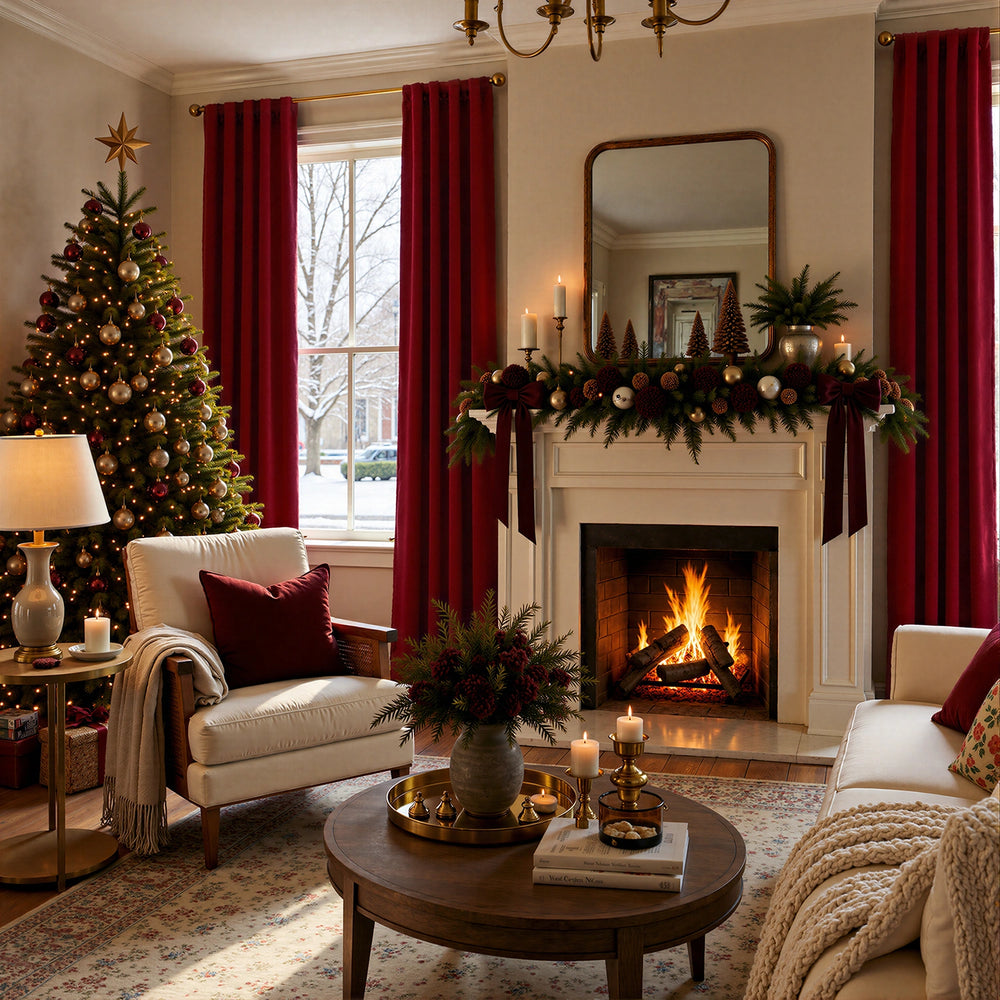 A cozy holiday living room with a decorated Christmas tree, red curtains, a white fireplace with a garland and mirror, a lit fire, and upholstered seating with knit blankets.