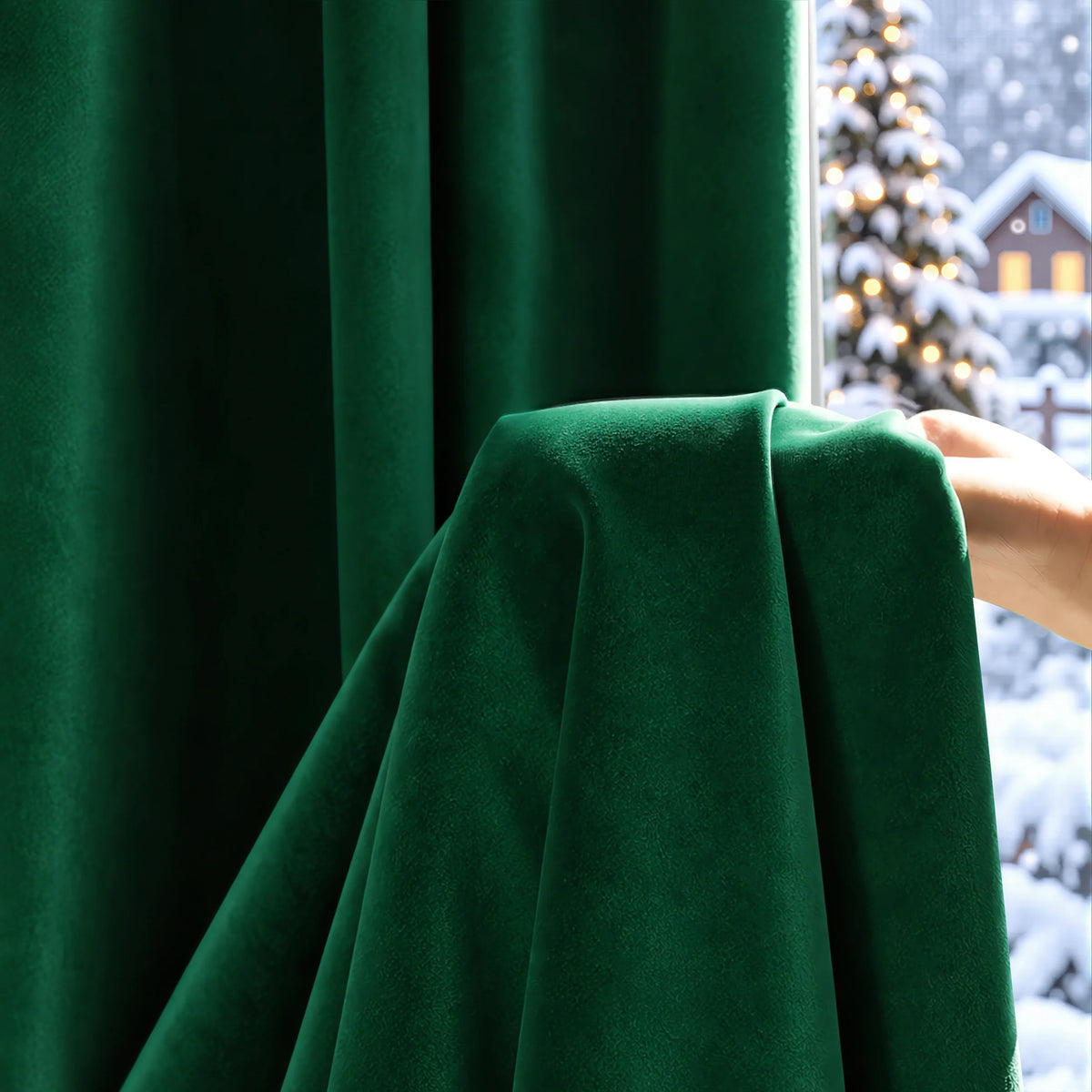 A close-up of deep emerald green velvet curtains, with a hand holding back the lower drape to reveal a softly blurred outdoor background.