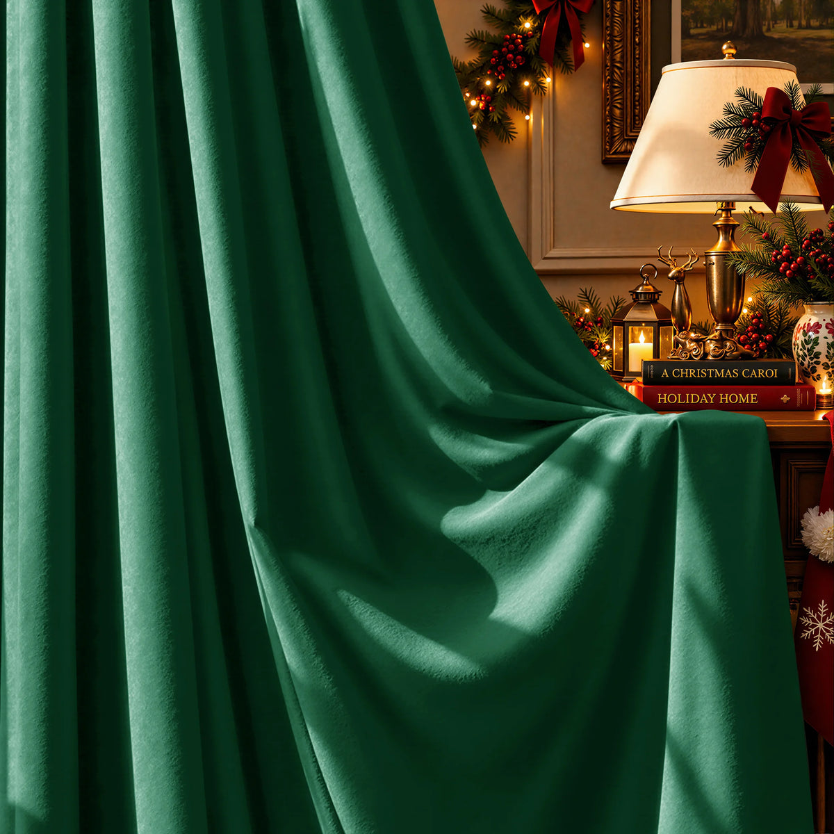 A deep emerald green curtain draped elegantly over a wooden table in a classic room setting, next to a lit table lamp and white flowers.