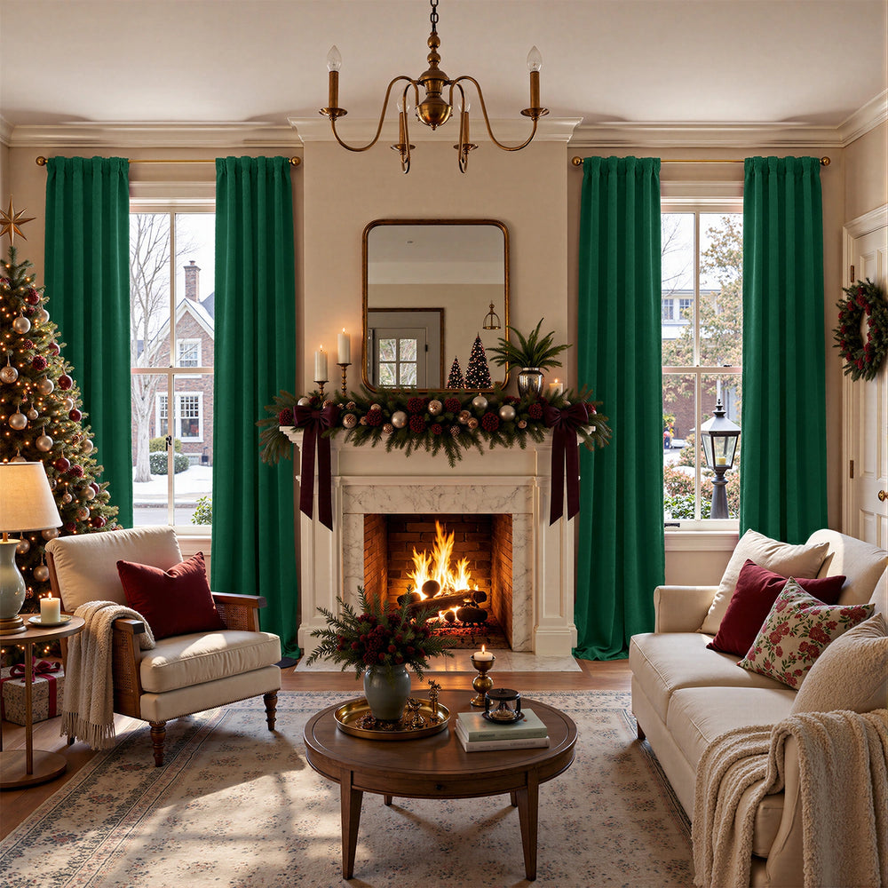 A beautifully decorated living room with a fireplace, featuring deep green curtains, a festive garland, a lit fire, a cream sofa, an armchair, and a Christmas tree.