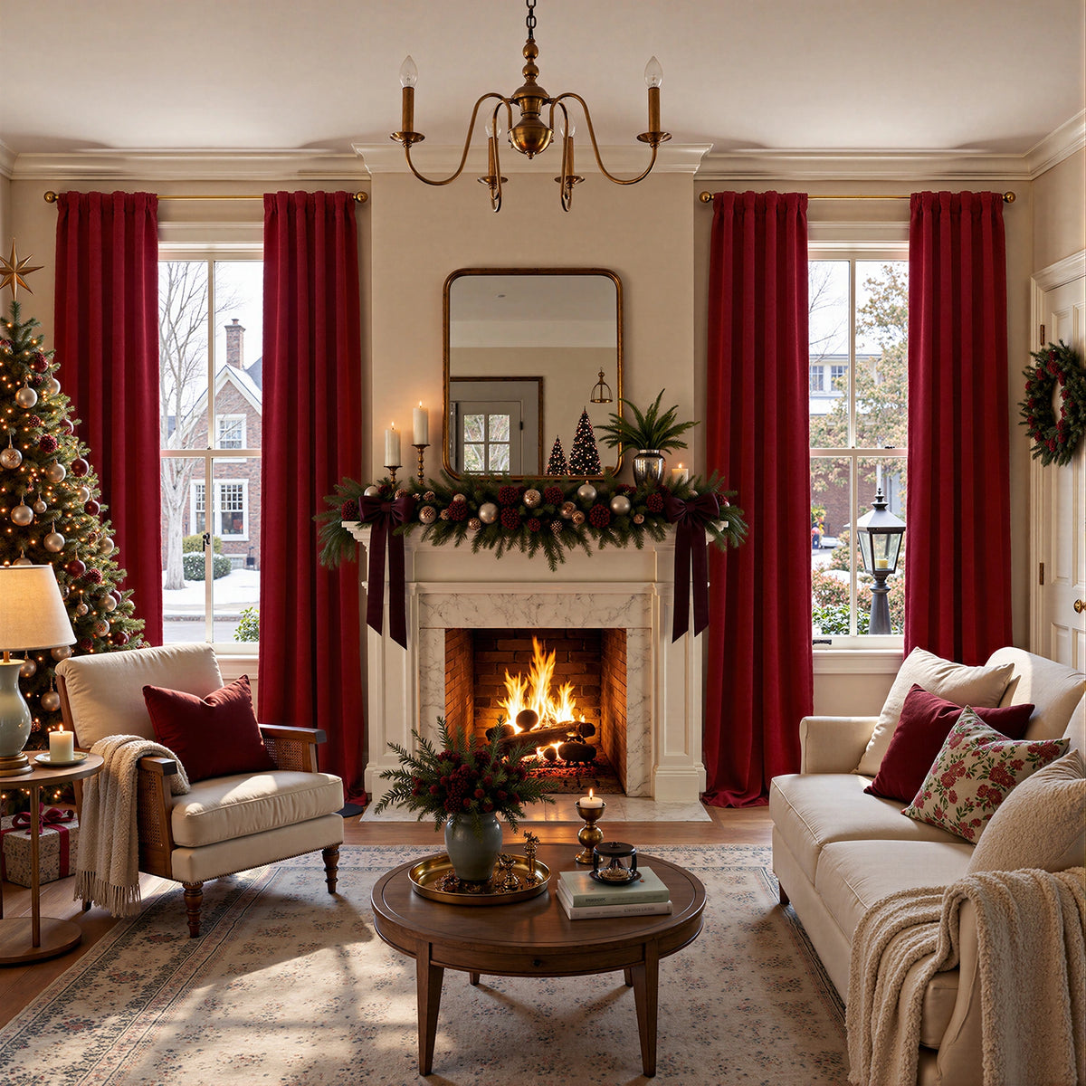 A beautifully decorated living room for Christmas, featuring a white fireplace mantel with a green garland, red curtains, a cozy fire burning in a white marble fireplace, a cream sofa, and a decorated Christmas tree on the left.