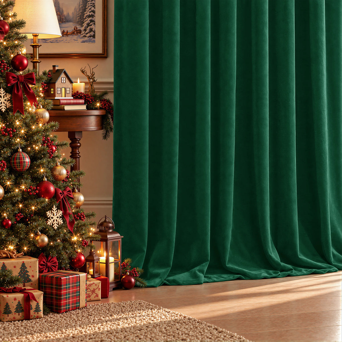 Deep emerald green velvet curtains hanging in a styled living room next to a brown leather armchair and a side table.