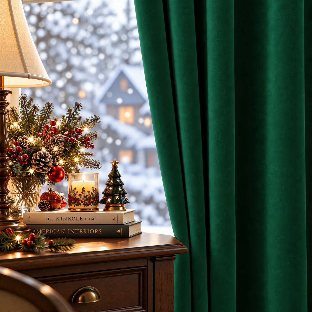 Deep emerald green velvet curtains hanging next to a sheer white window curtain in a sunlit room, styled with a wooden table, a lamp, and a vase of white flowers.