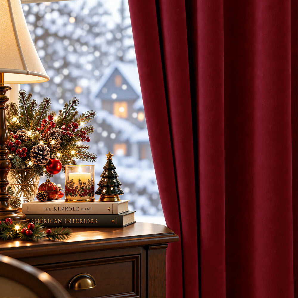 A deep burgundy velvet curtain panel hanging next to a window with sheer white curtains, styled in a warm, sunlit room on a wooden side table with a lamp, flowers, and books.