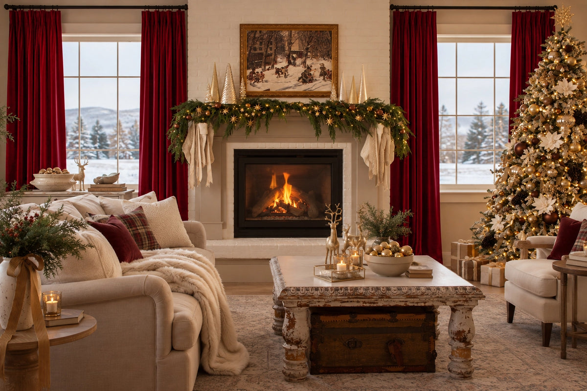 A cozy living room scene centered on a fireplace with a green garland, candles, and a framed winter landscape above. The room includes deep burgundy curtains, a cream sofa with pillows and throw, a rustic coffee table, a decorated Christmas tree, and a rug.