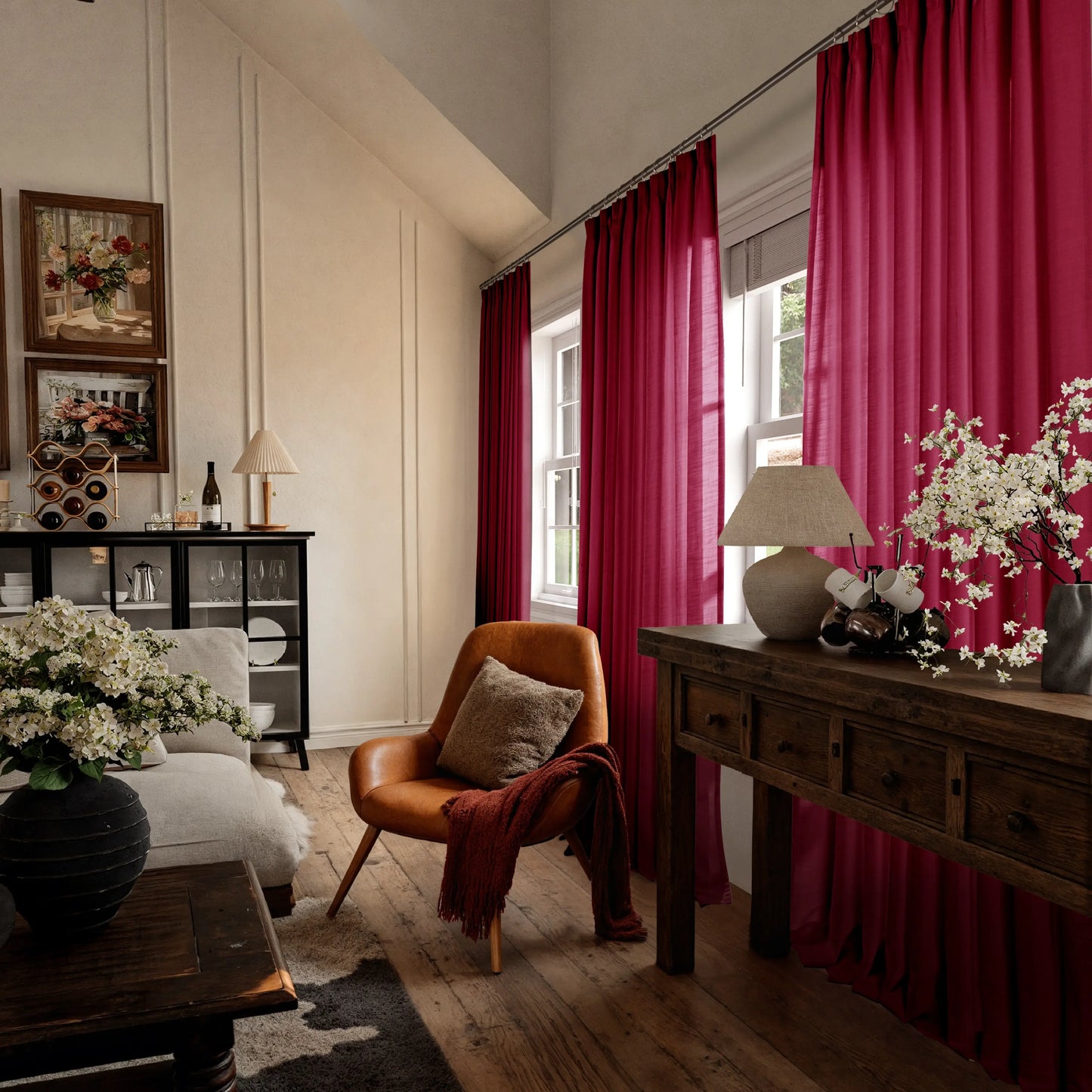 Living room with cherry curtains, wooden furniture, and decorative elements.