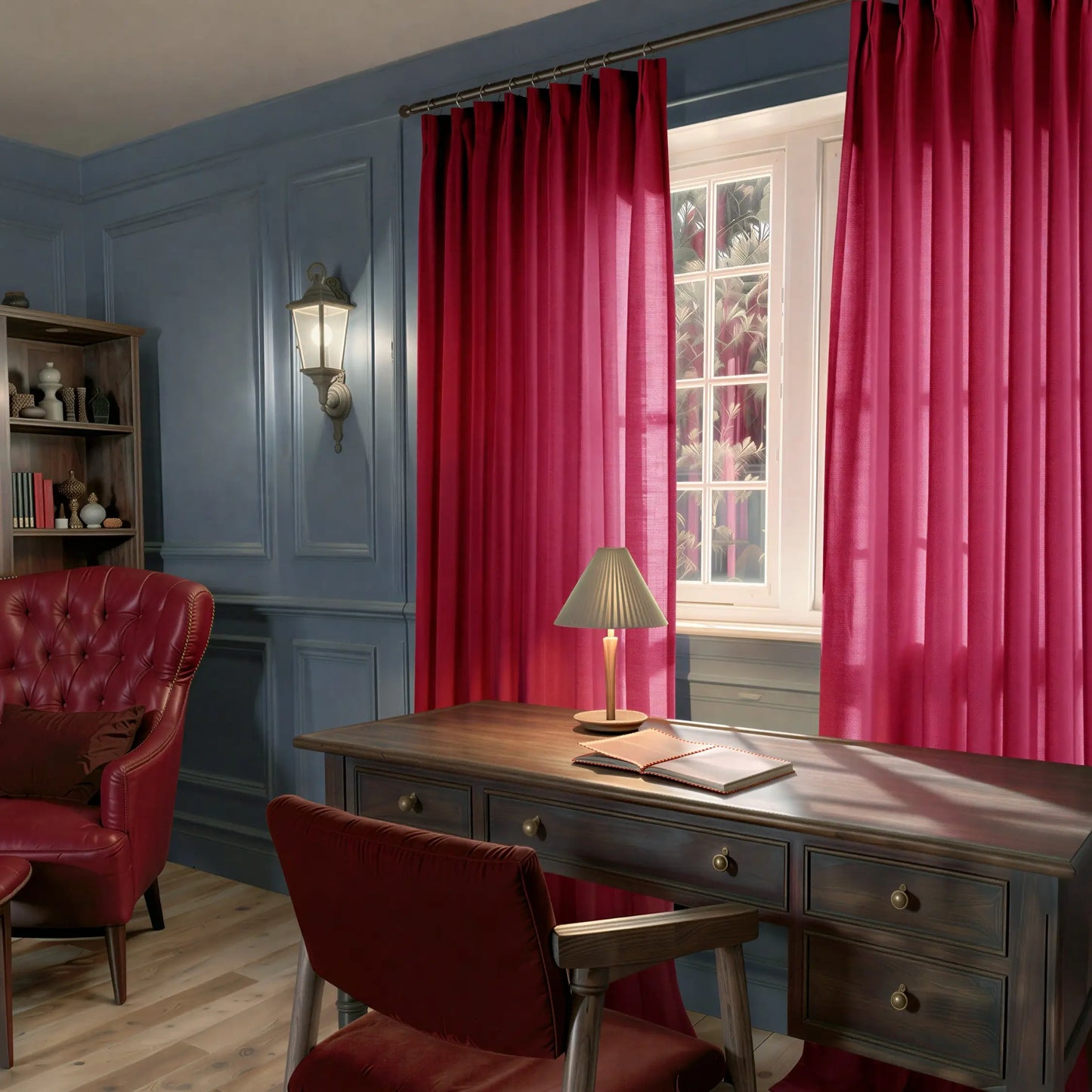 Room with blue walls, pink curtains, wooden desk, and burgundy chairs.