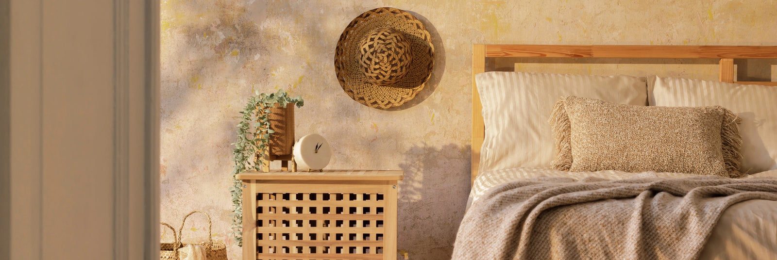 Bedroom with wooden headboard, textured wall, and decorative items.
