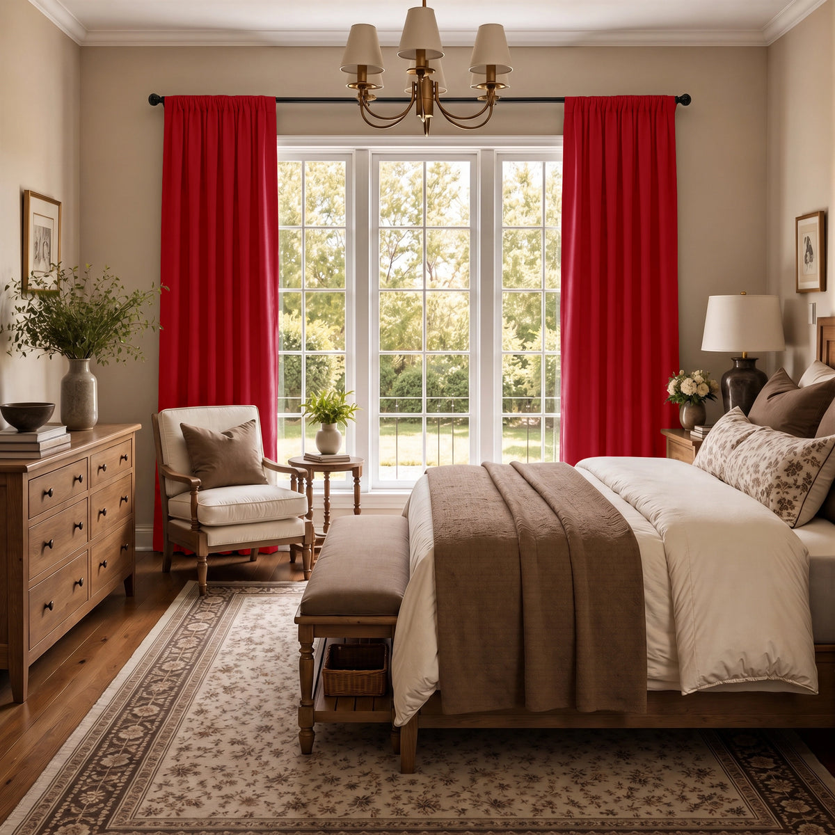 A styled bedroom interior with bright red curtains hanging over a tall white-framed window, a wooden bed with white and tan bedding, a matching bench, a wooden dresser, and a patterned area rug.