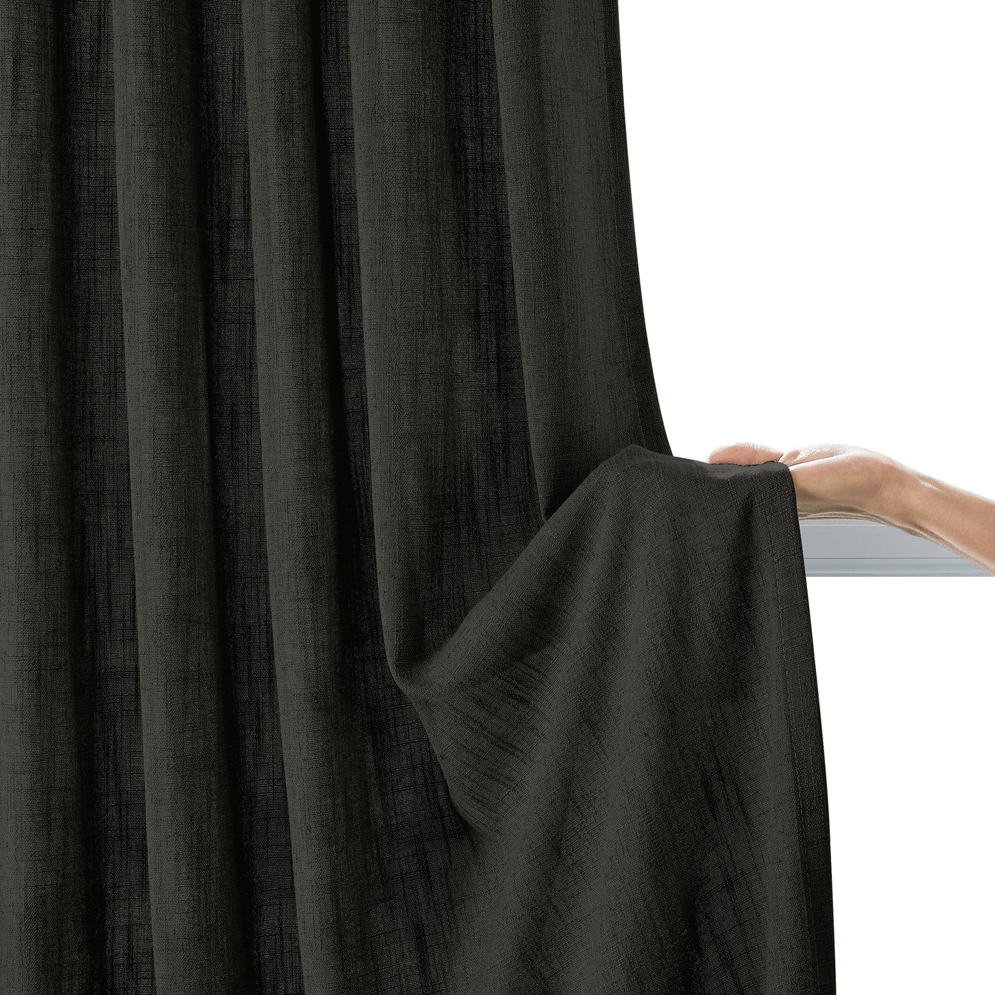 Clean dark gray linen-polyester fabric window panel held by hand on a neutral background.