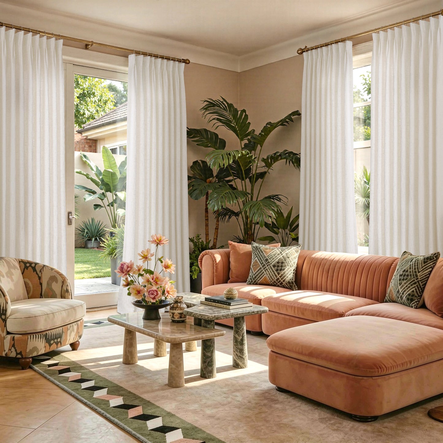 Elongated grid linen curtains in a modern living room with a clean and structured vertical pattern