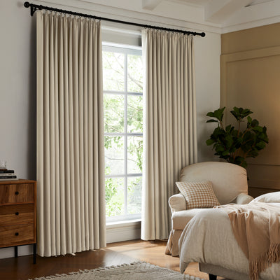 Fire retardant room darkening cream drapes, elegant floor-to-ceiling window treatment for bedroom