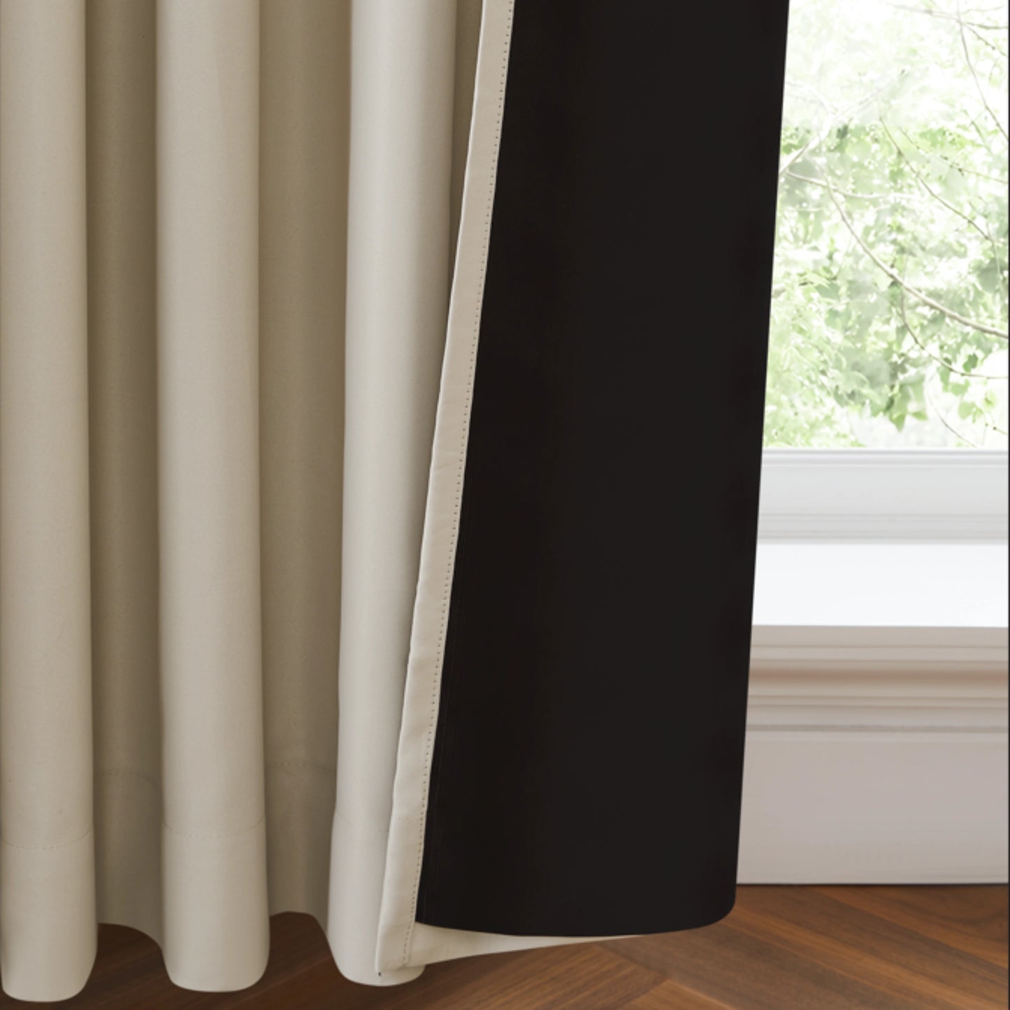 Double layer fire-retardant ivory drapes, blackout curtains with lining for extra privacy and insulation
