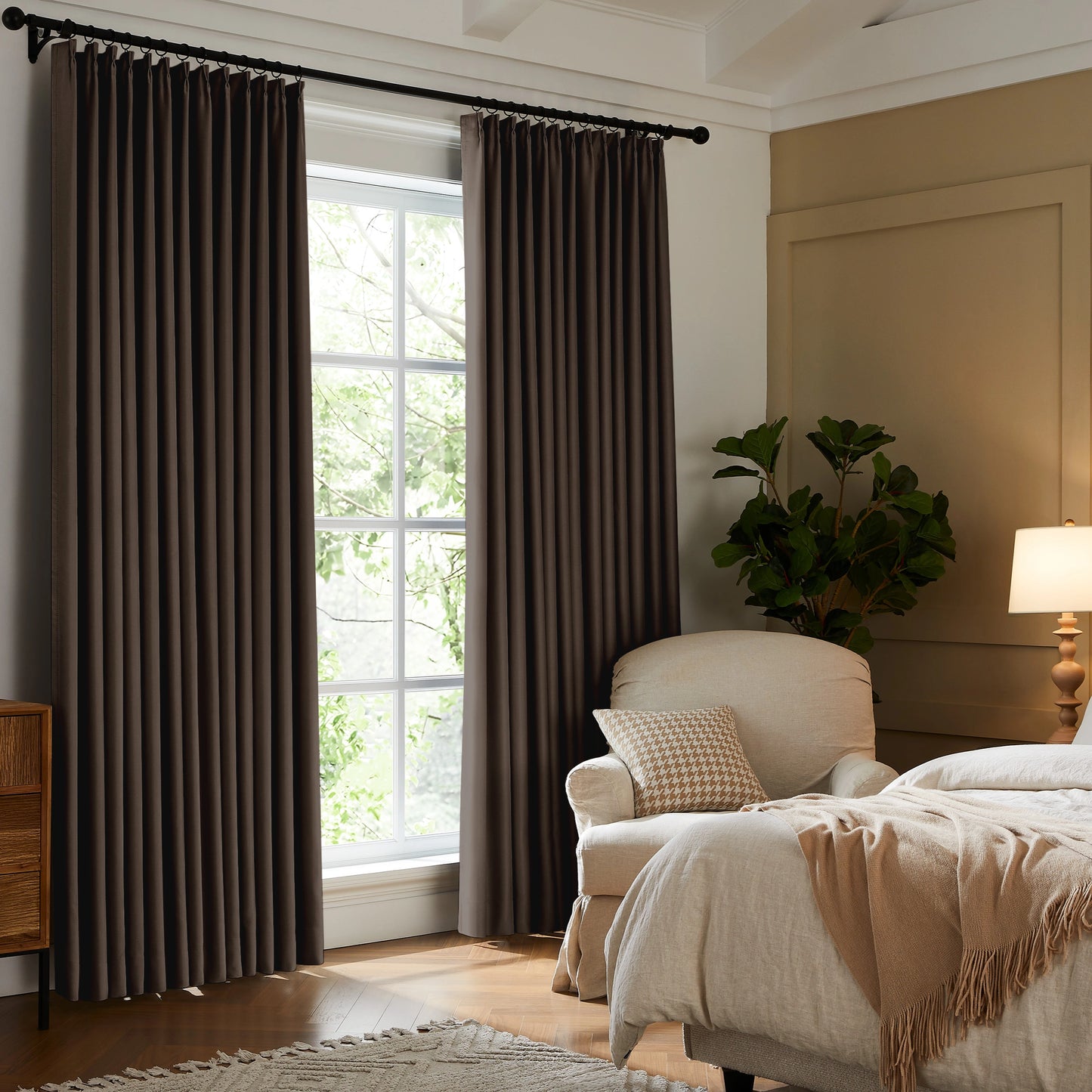 Fire retardant room darkening taupe drapes, elegant floor to ceiling window treatment for bedroom