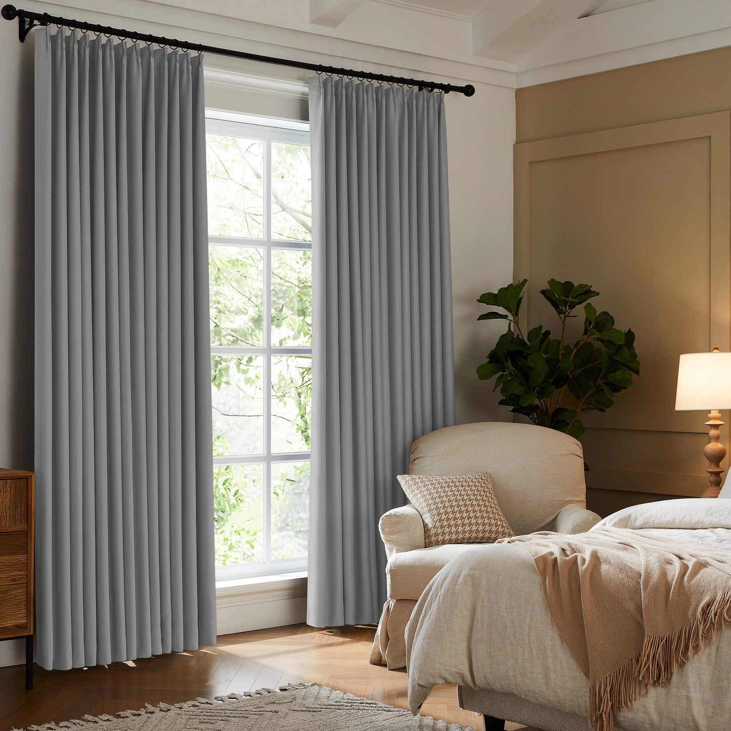 Fire retardant room darkening stone gray drapes, elegant floor to ceiling window treatment for bedroom